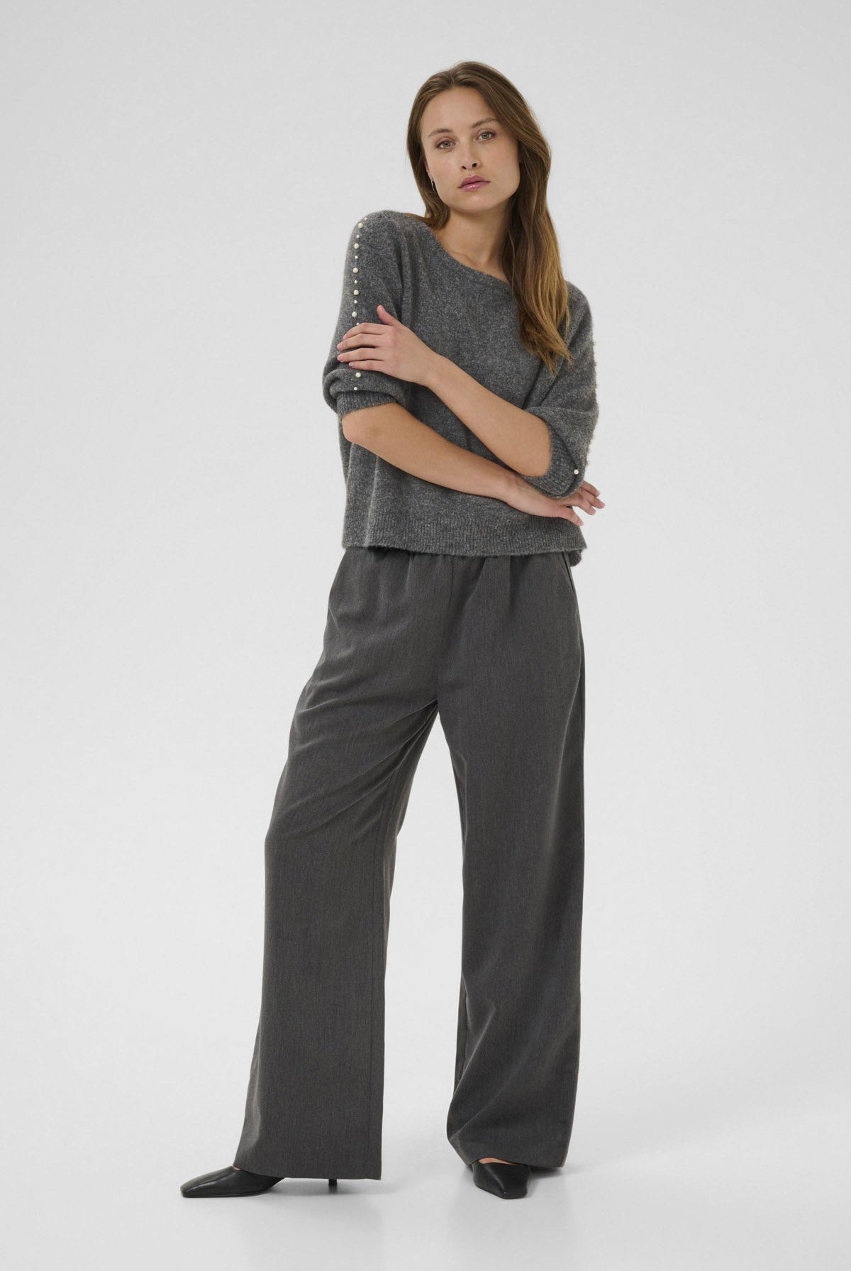 Kaffe Betty Jumper with Pearl Detail Sleeves - Grey Melange