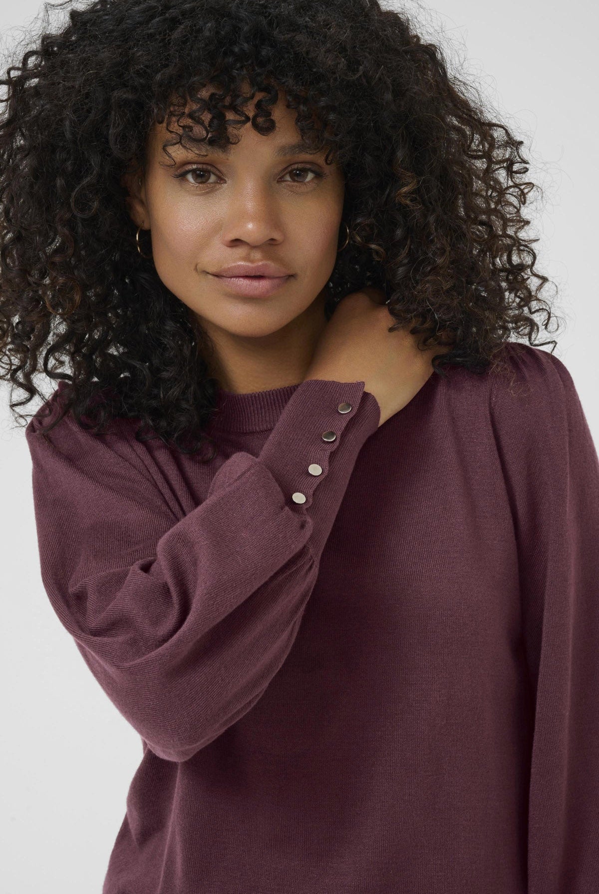 Kaffe Lizza Round Neck Knit Jumper with Button Detail - Windsor Wine