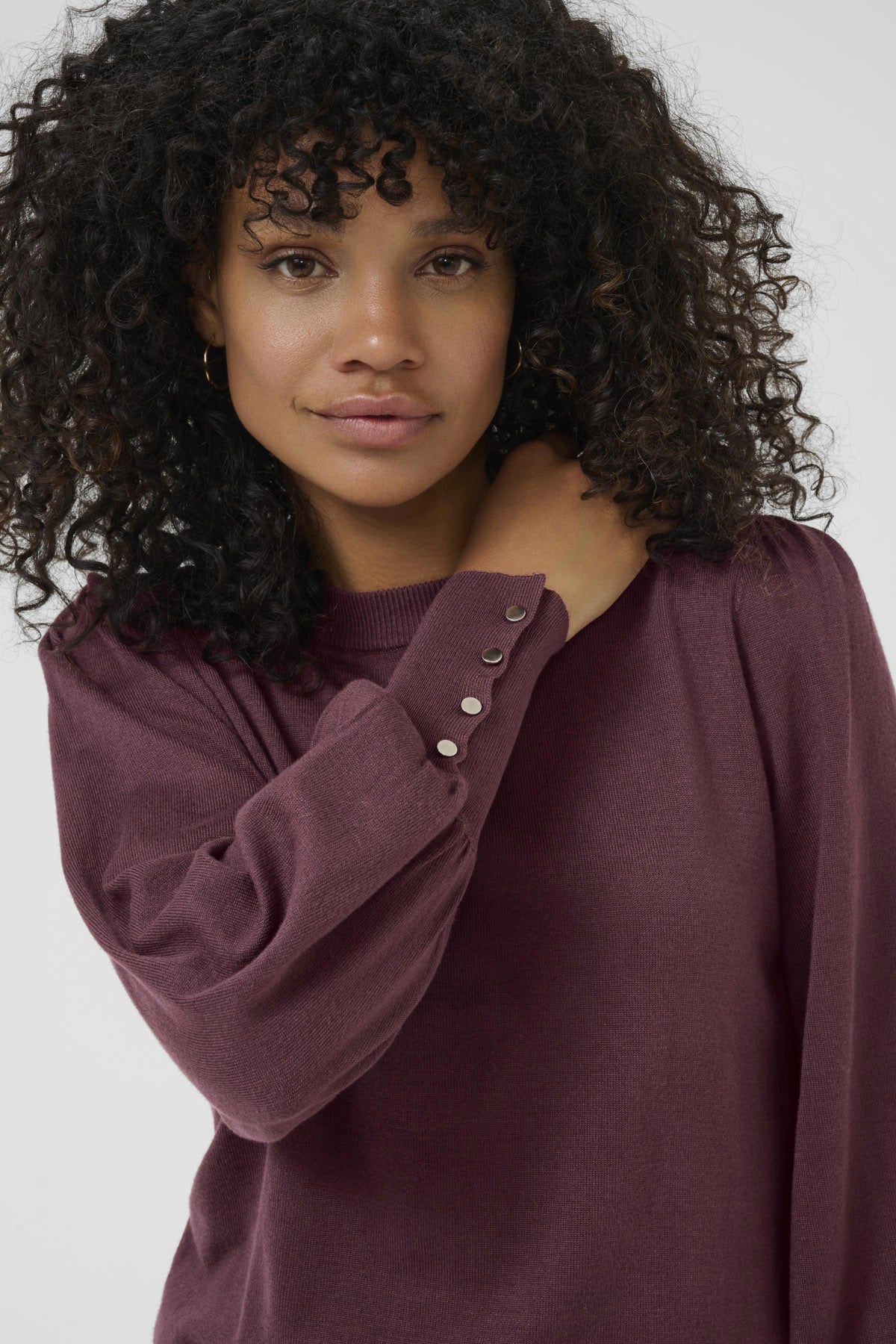 Kaffe Lizza Round Neck Knit Jumper with Button Detail - Windsor Wine