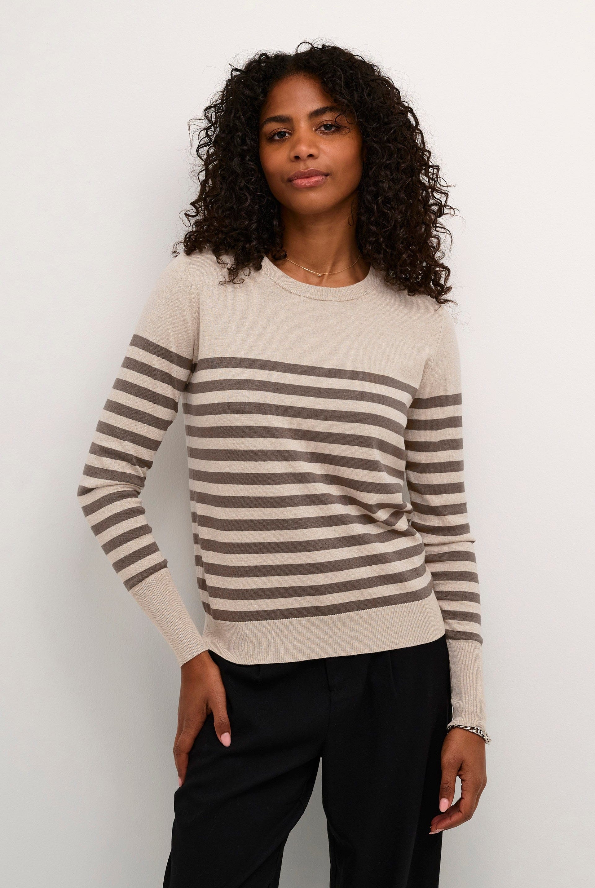 Kaffe Lizza Striped Knit Lightweight Jumper - Feather Gray/ Brown Stripe