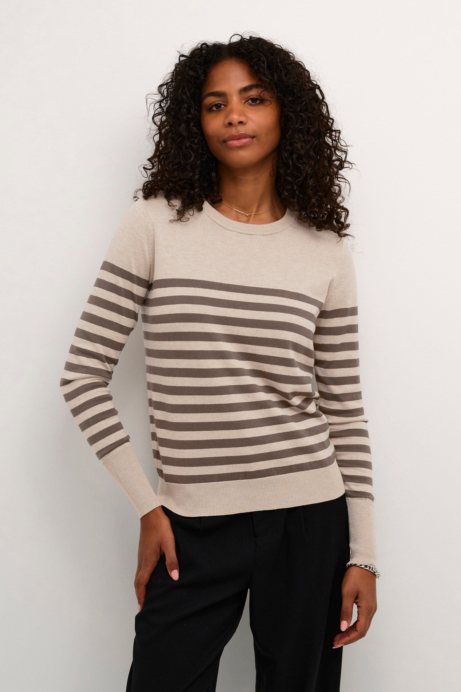 Kaffe Lizza Striped Knit Lightweight Jumper - Feather Gray/ Brown Stripe