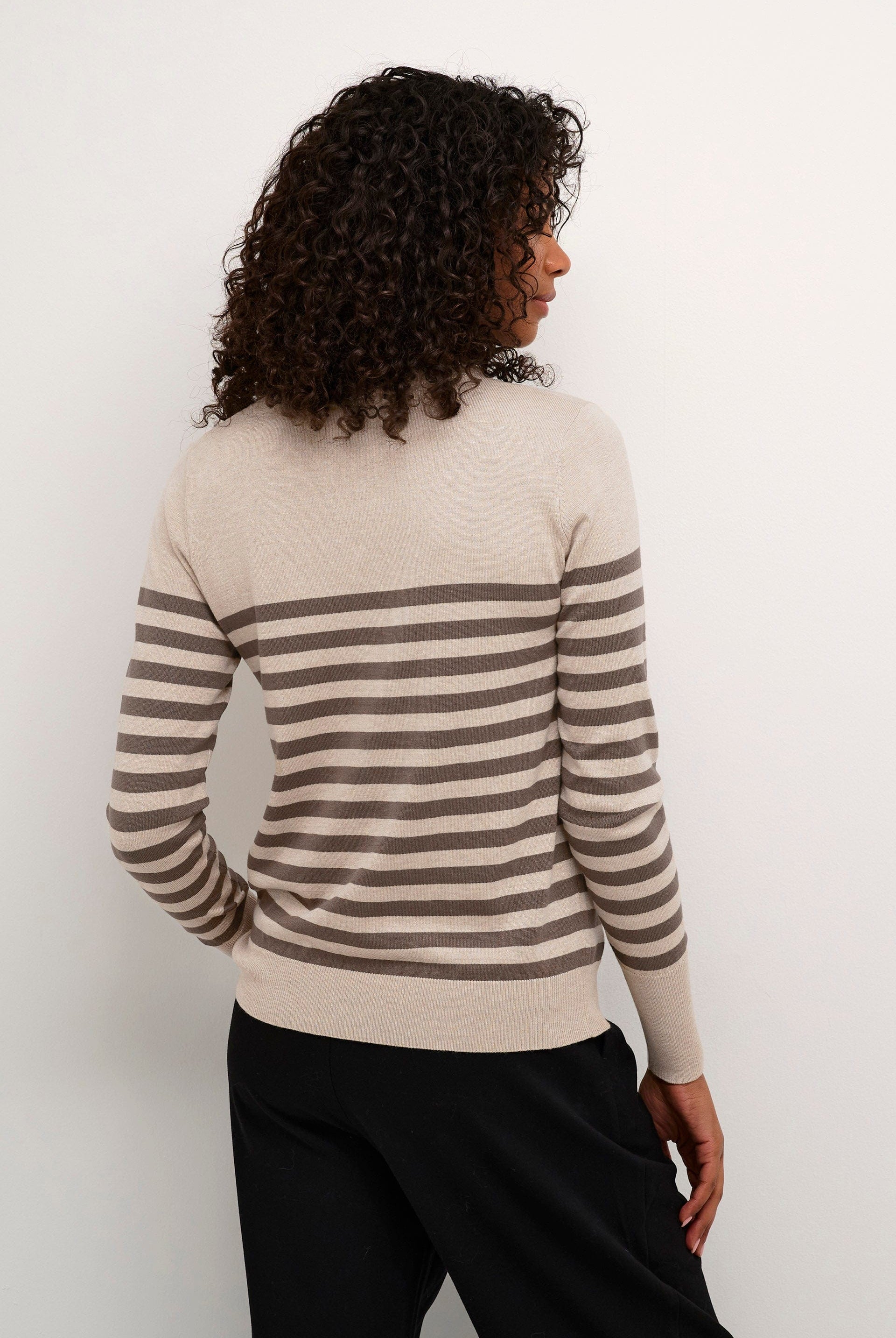 Kaffe Lizza Striped Knit Lightweight Jumper - Feather Gray/ Brown Stripe