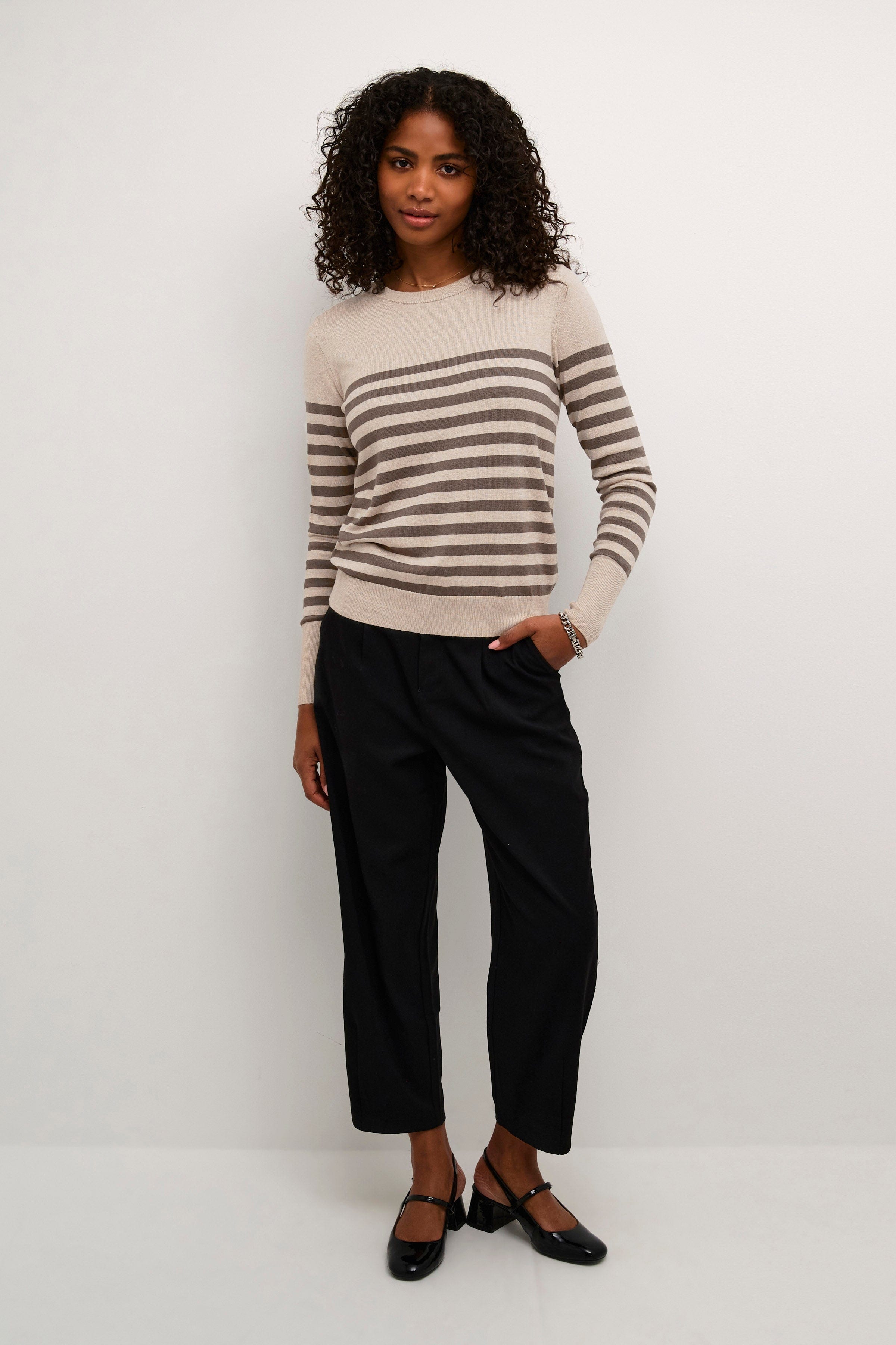 Kaffe Lizza Striped Knit Lightweight Jumper - Feather Gray/ Brown Stripe