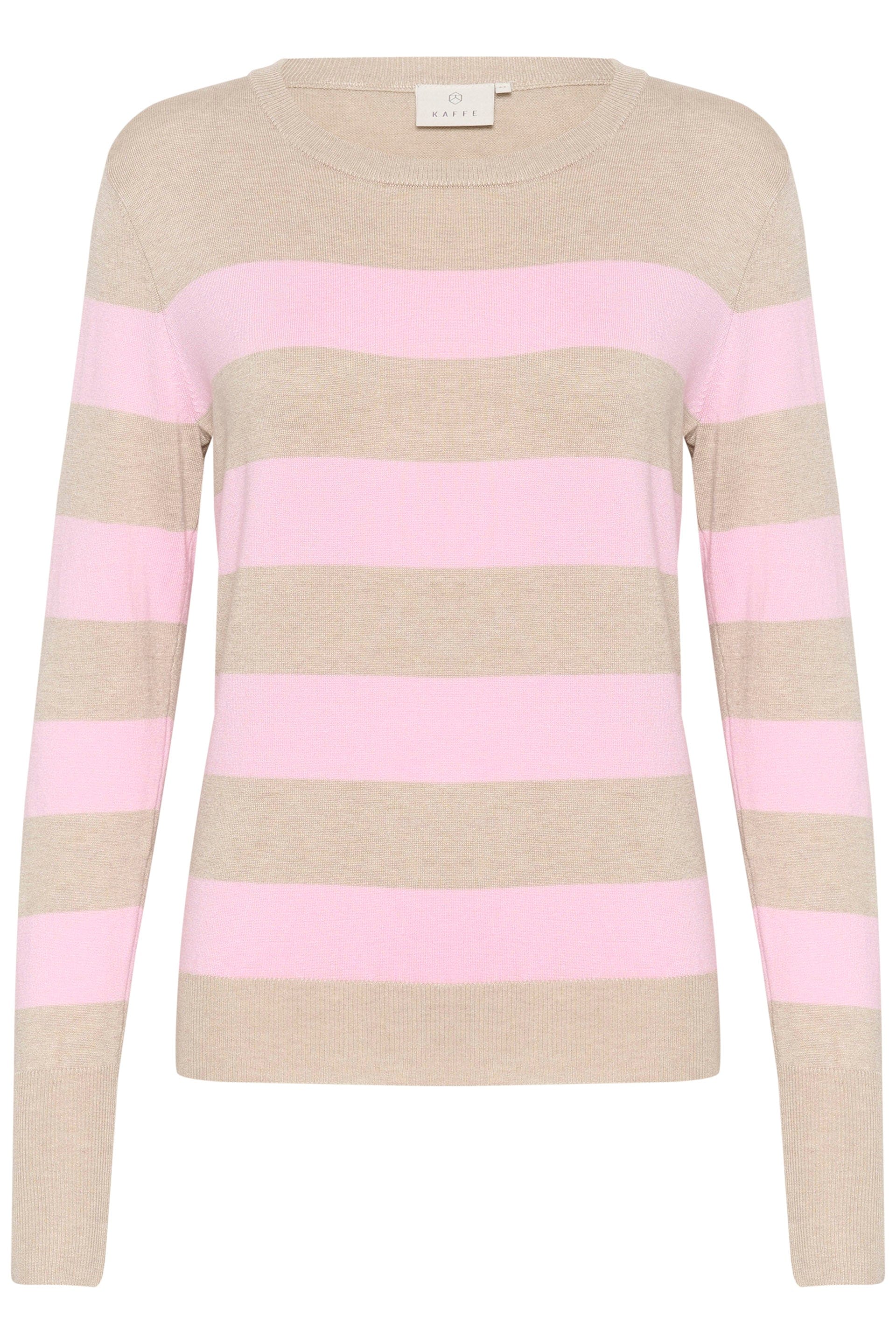 Kaffe Lizza Striped Knit Lightweight Jumper- Feather Gray/Mesarose Stripe