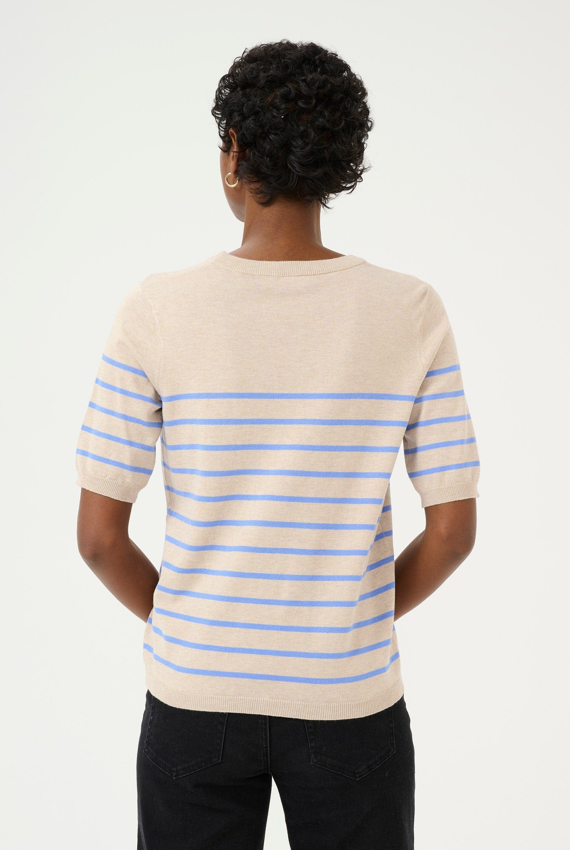 Kaffe Lizza Striped Short Sleeve Knit Jumper - Feather Gray Melange/Blue