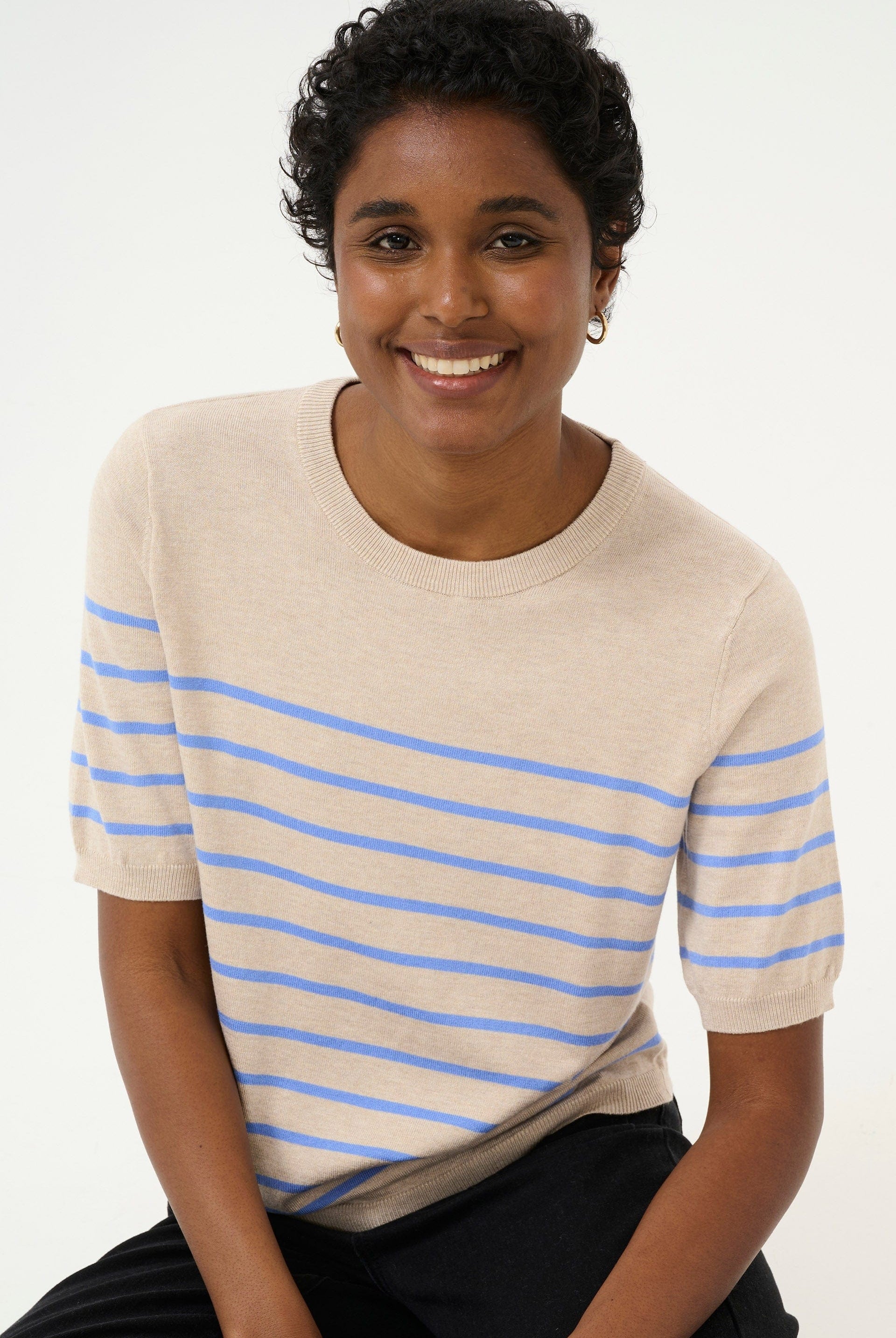 Kaffe Lizza Striped Short Sleeve Knit Jumper - Feather Gray Melange/Blue