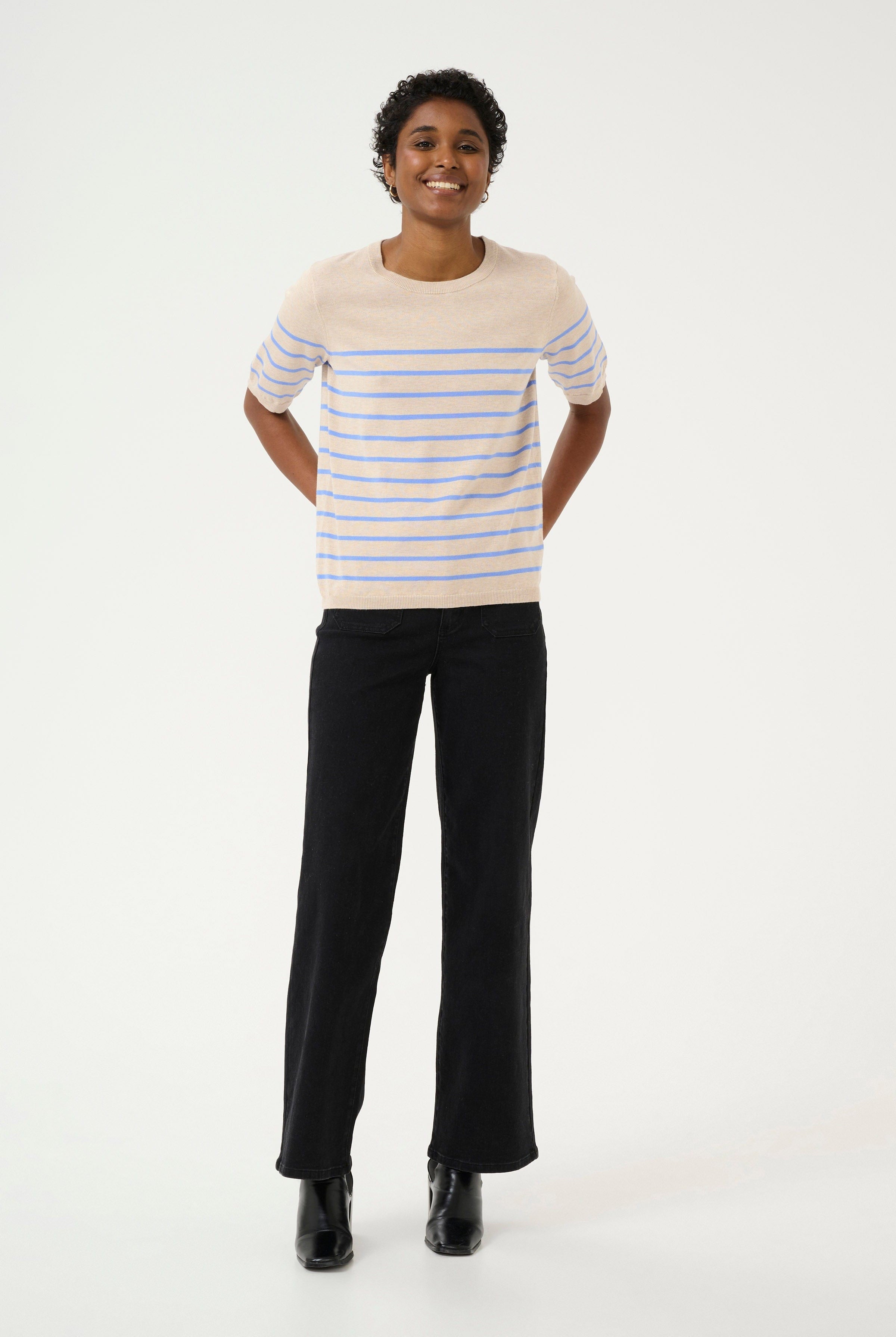 Kaffe Lizza Striped Short Sleeve Knit Jumper - Feather Gray Melange/Blue