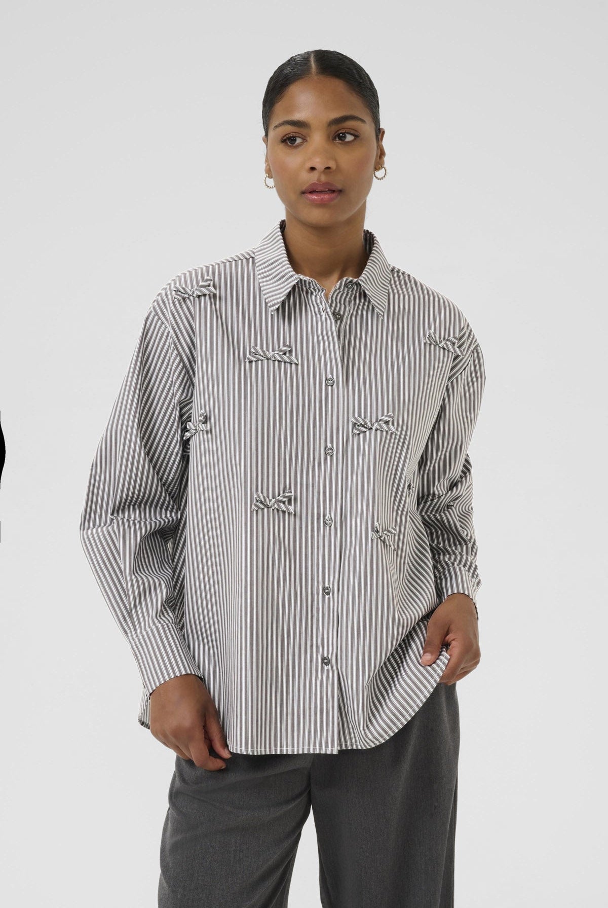 Kaffe Marianne Stripe Bow Embellished Shirt - Grey/White Stripe