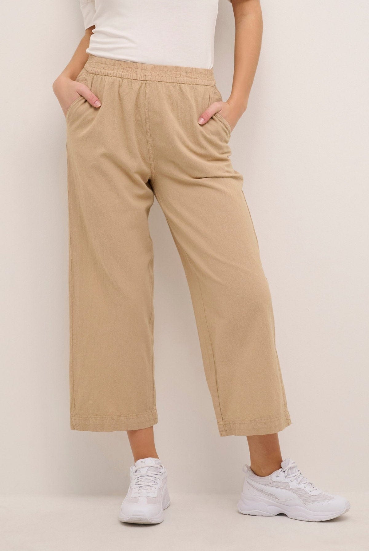 Kaffe Naya Cotton Elasticated Waist Cropped Trousers - Classic Sand