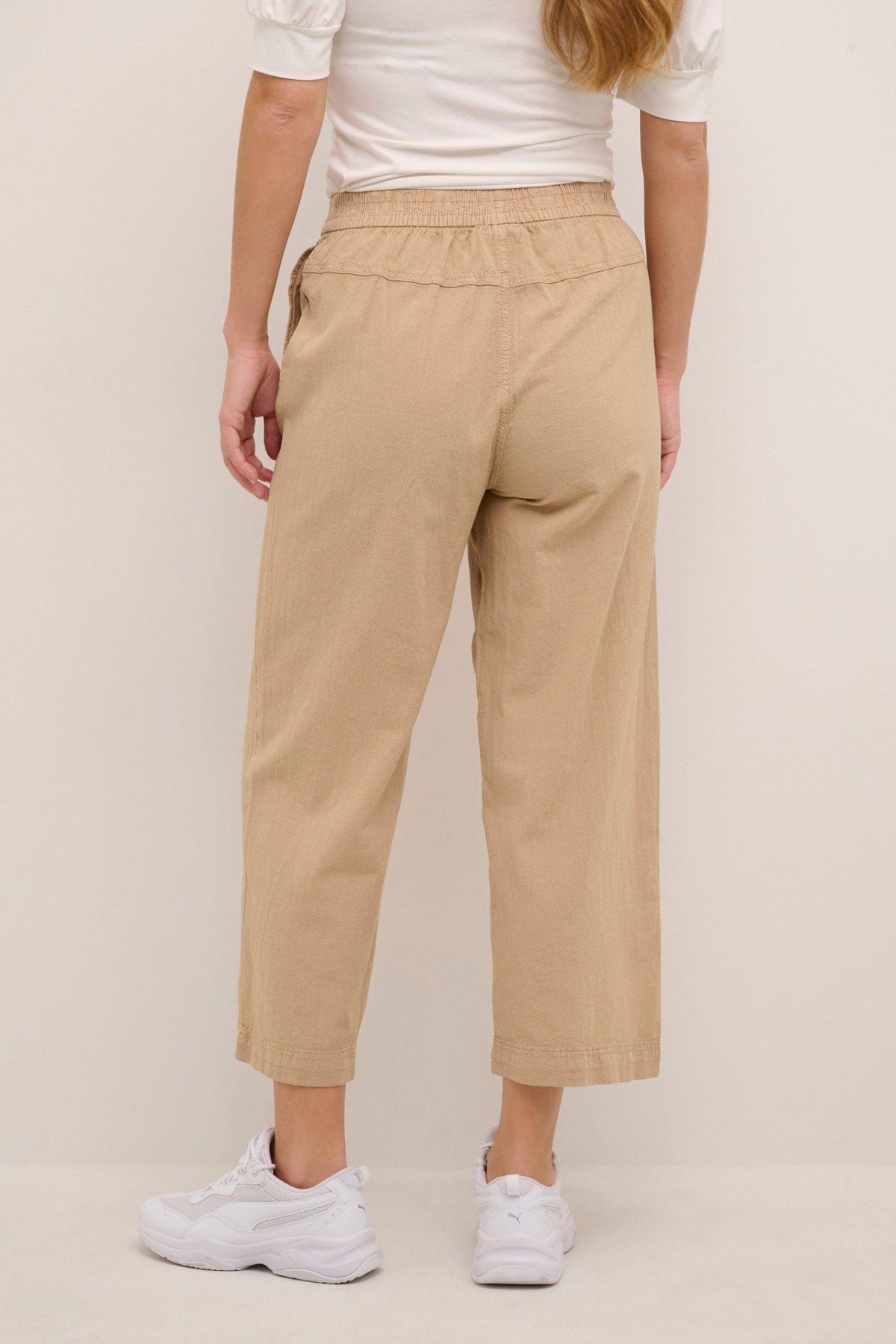 Kaffe Naya Cotton Elasticated Waist Cropped Trousers - Classic Sand