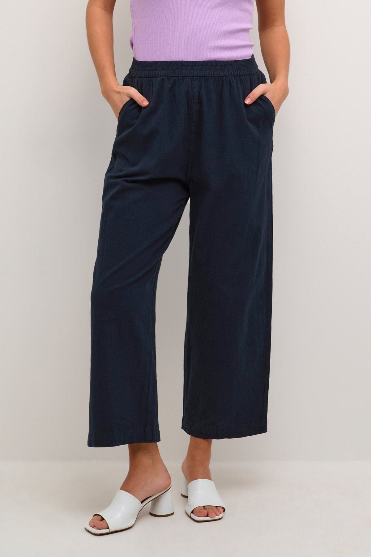 Kaffe Naya Cotton Elasticated Waist Cropped Trousers - Midnight Marine