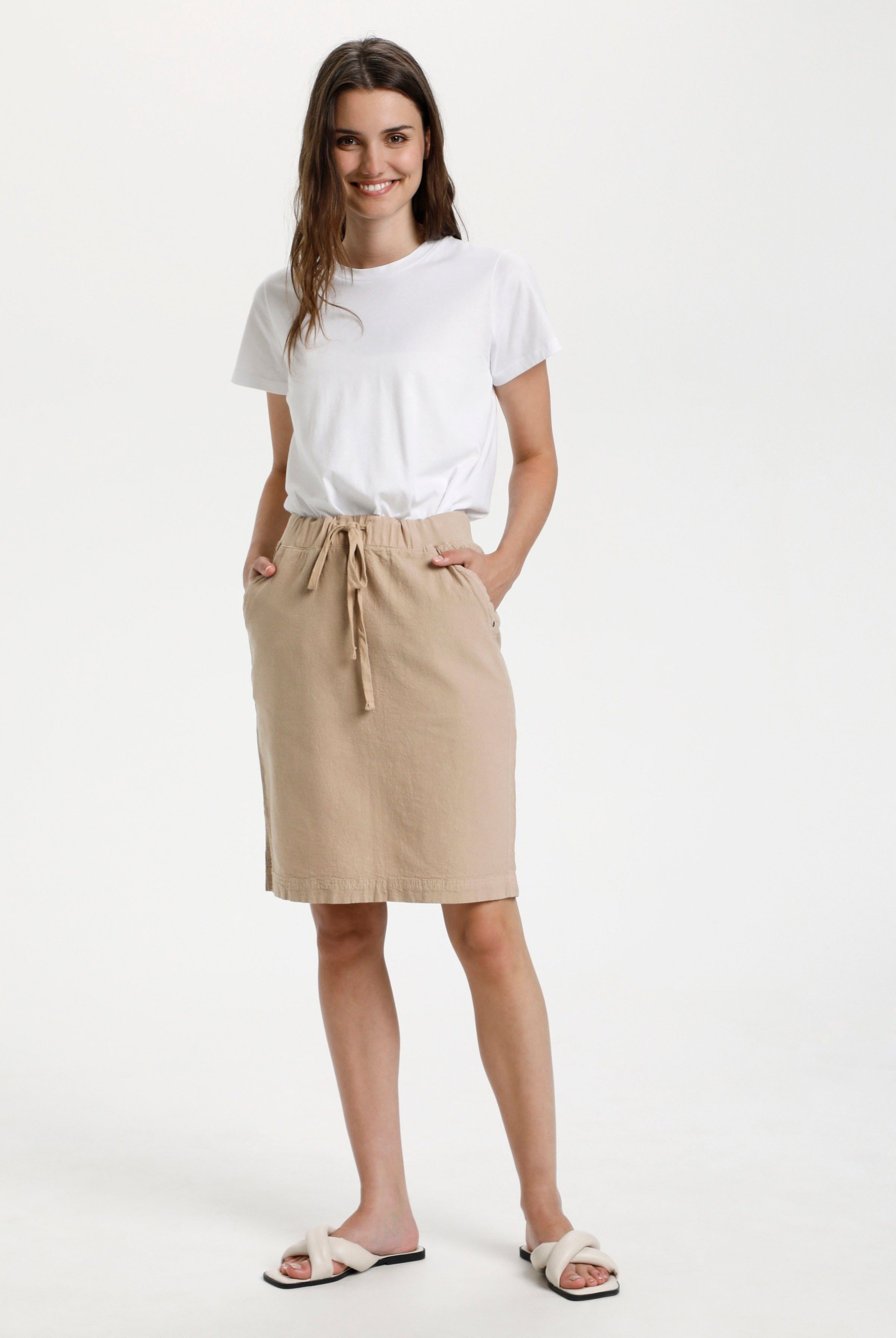 Kaffe Naya Cotton Elasticated Waist Skirt - Classic Sand
