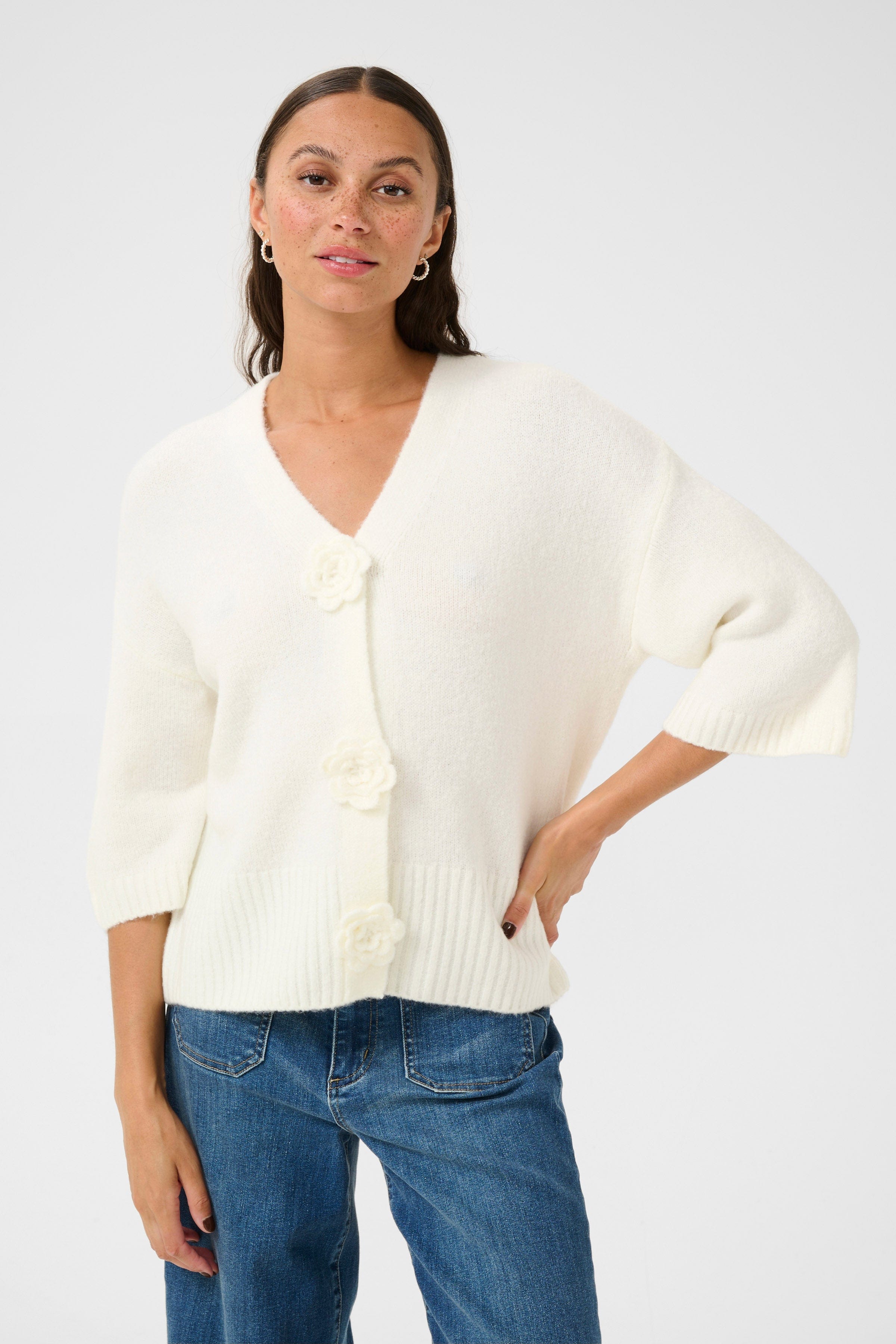 Kaffe Rosie Flower Embellished Cardigan - Chalk