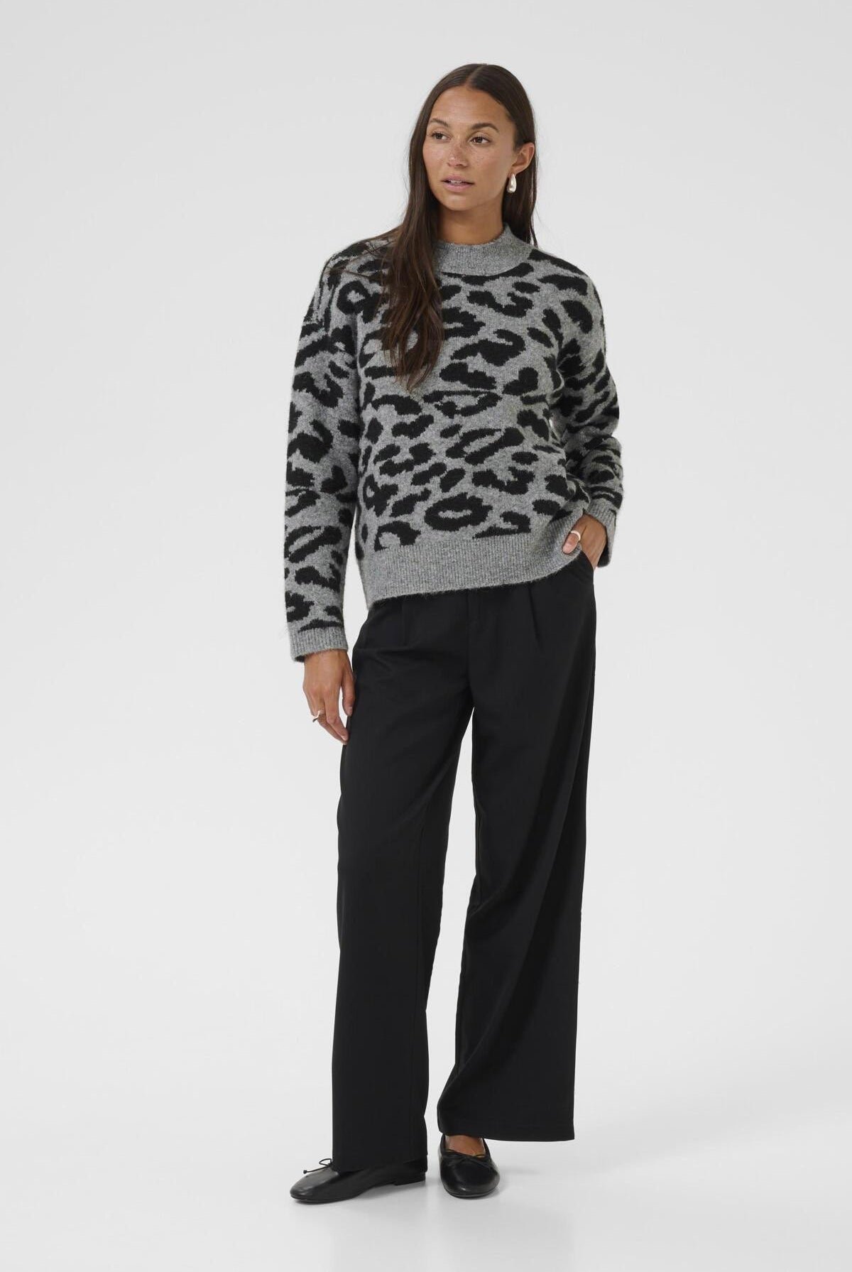Kaffe Sandra Jumper - Light Grey Melange/Black Leopard