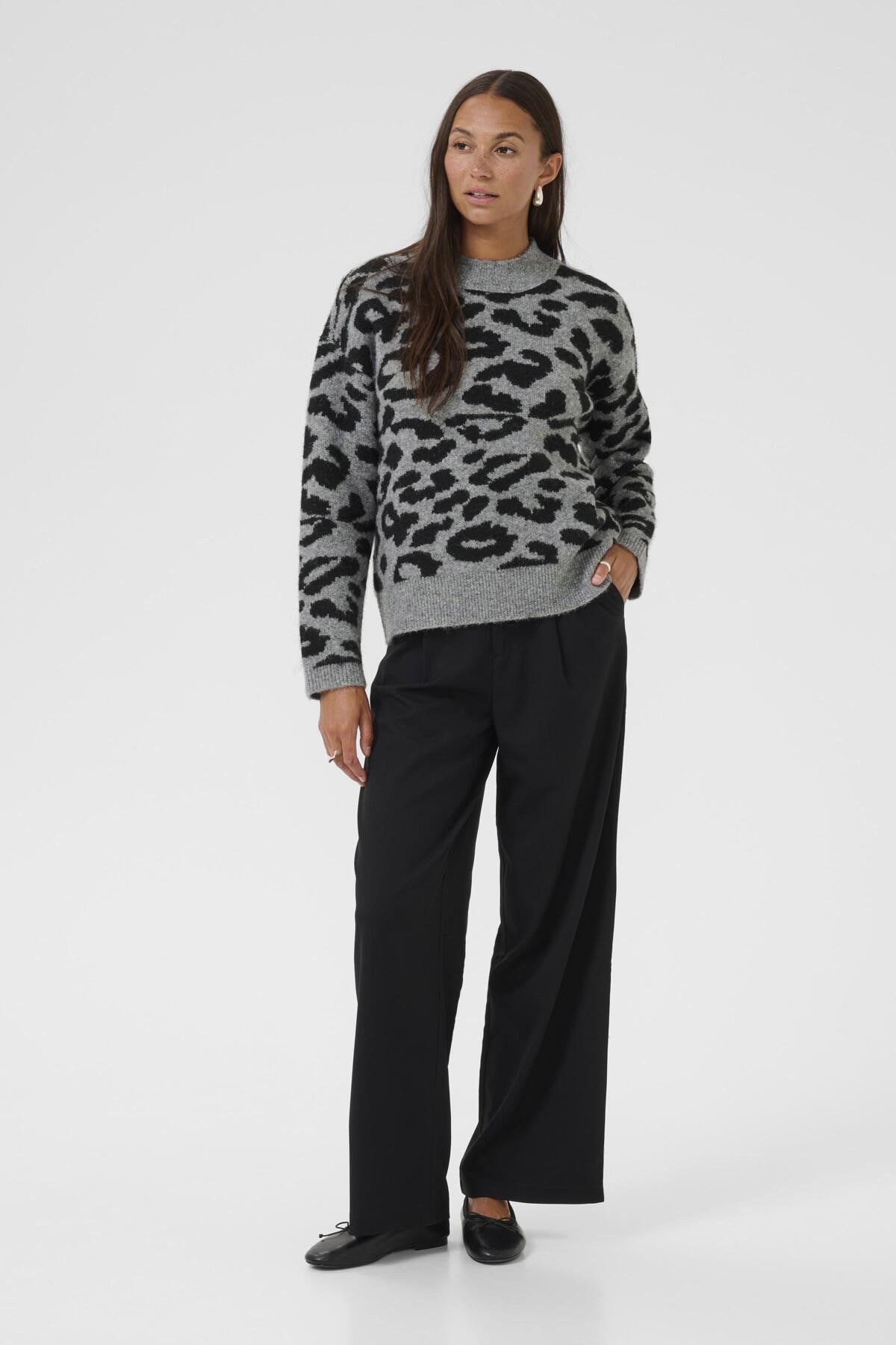 Kaffe Sandra Jumper - Light Grey Melange/Black Leopard