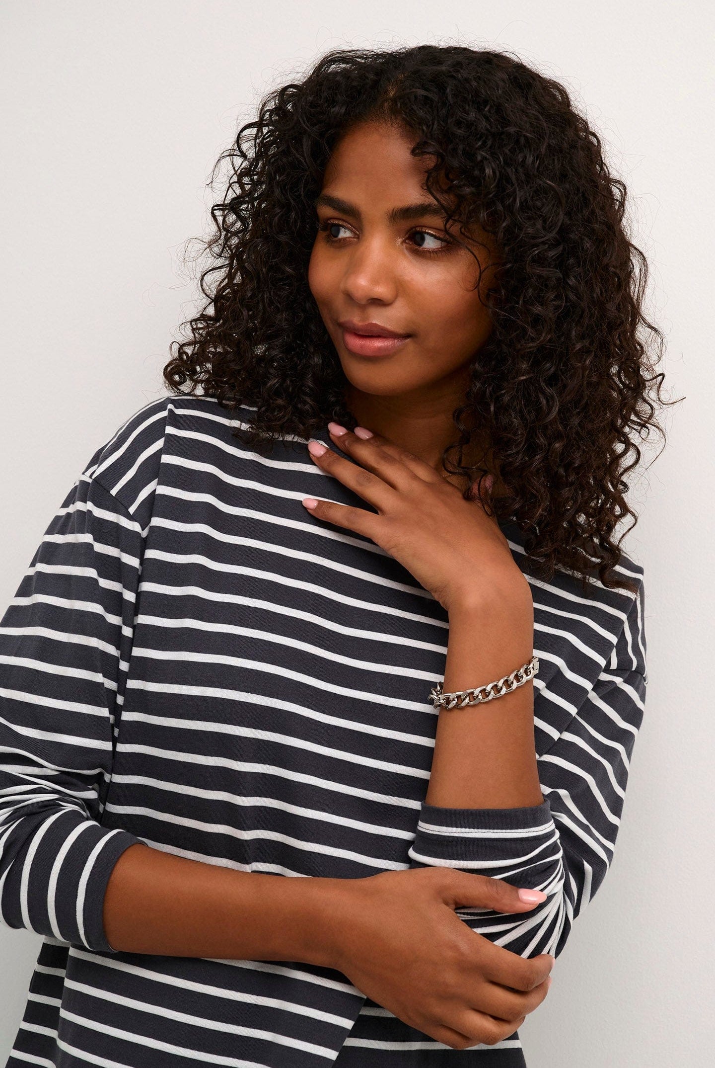 Kaffe Winny Long Sleeve T-Shirt - Black Oyster/Ant. White Stripe