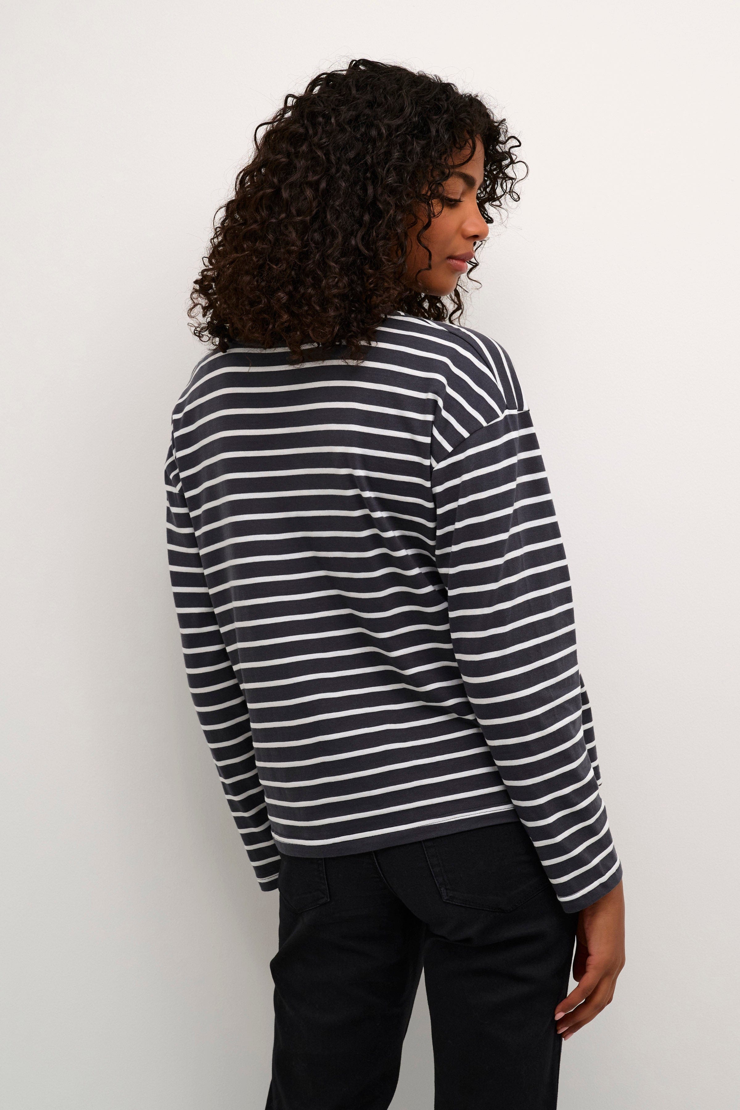 Kaffe Winny Long Sleeve T-Shirt - Black Oyster/Ant. White Stripe