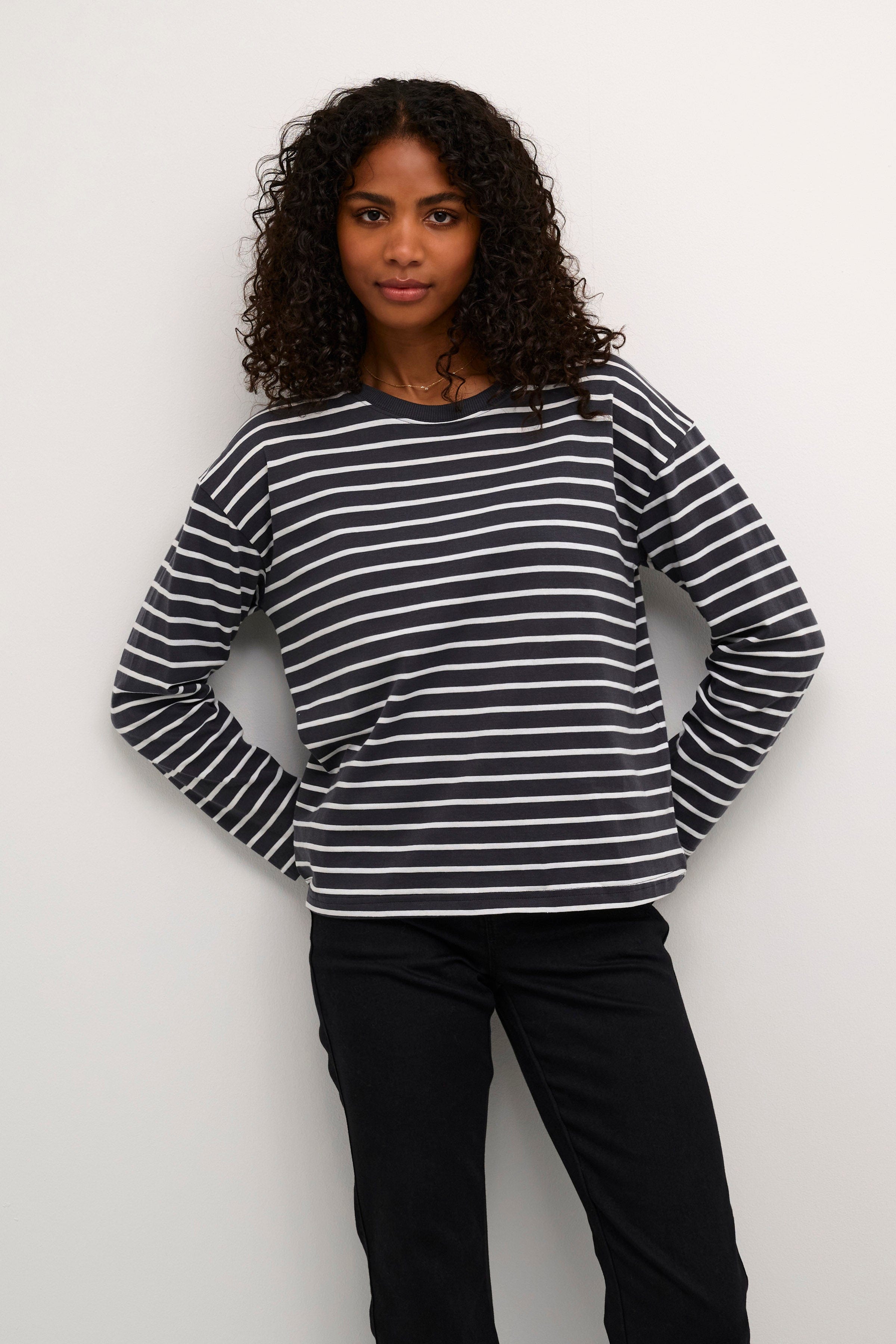 Kaffe Winny Long Sleeve T-Shirt - Black Oyster/Ant. White Stripe