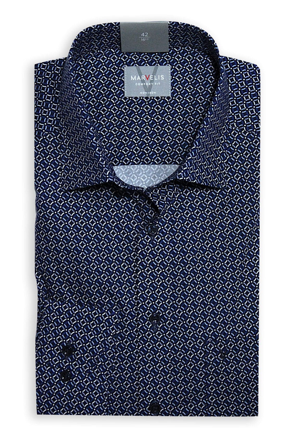Marvelis Non-Iron Comfort Fit Circular Print Shirt - Navy/White