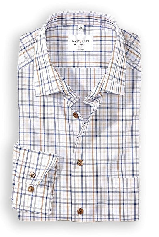 Marvelis Non-Iron Modern Fit Check Shirt - Blue/Brown