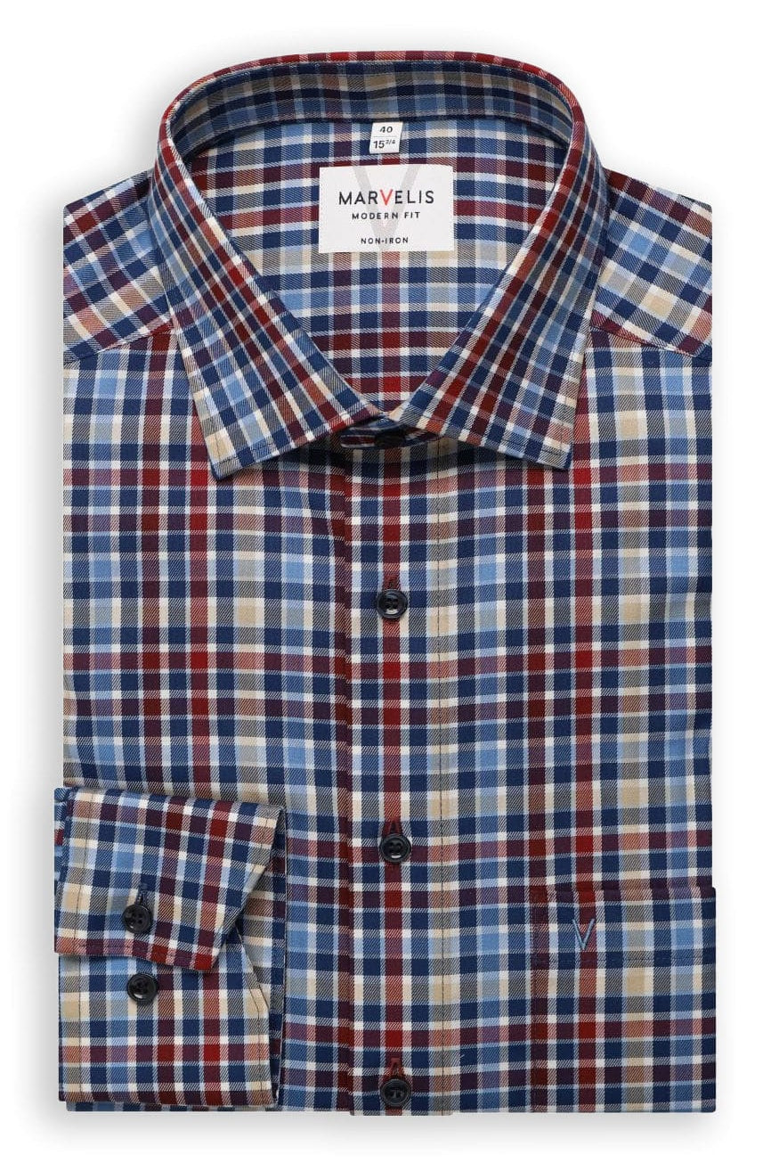 Marvelis Non-Iron Modern Fit Check Shirt - Burgundy/Blue