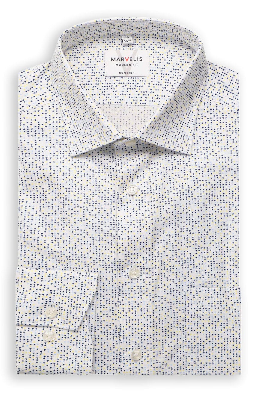 Marvelis Non-Iron Modern Fit Mini Triangle Print Shirt - White/Blue