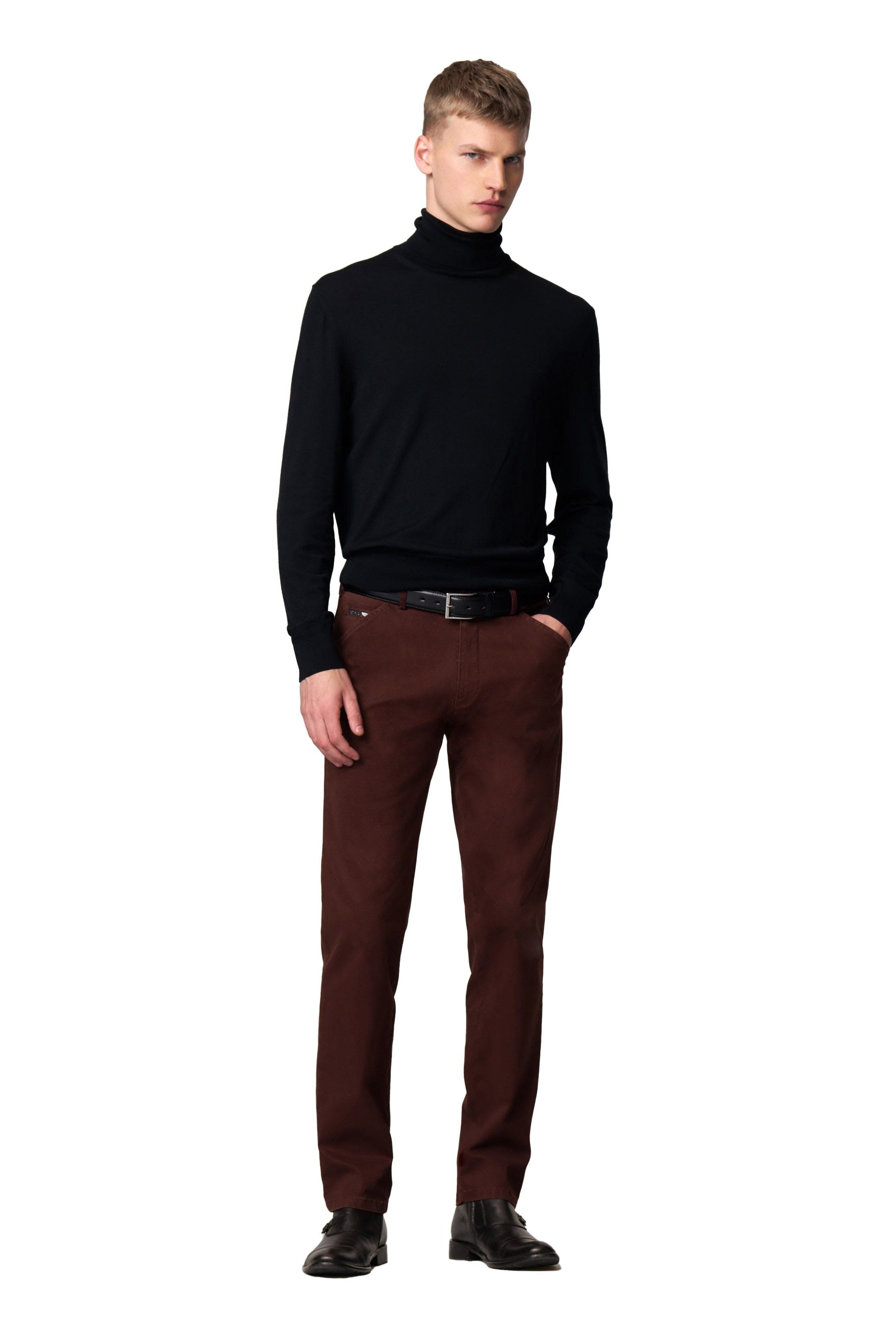Meyer Chicago Micro Texture Cotton Stretch Chinos - Burgundy