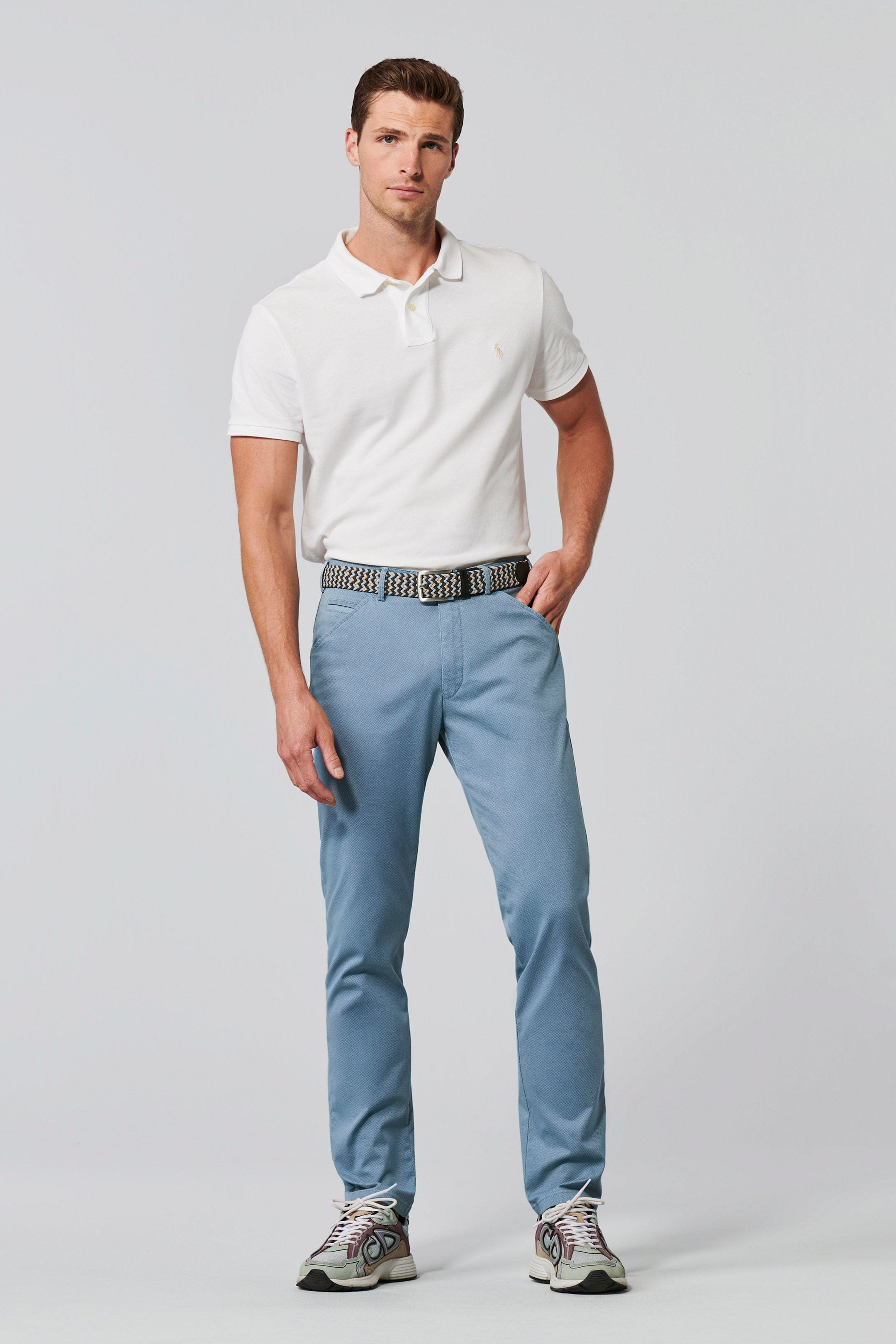 Meyer Chicago Two-Tone Cotton Stretch Chino Trousers - Blue