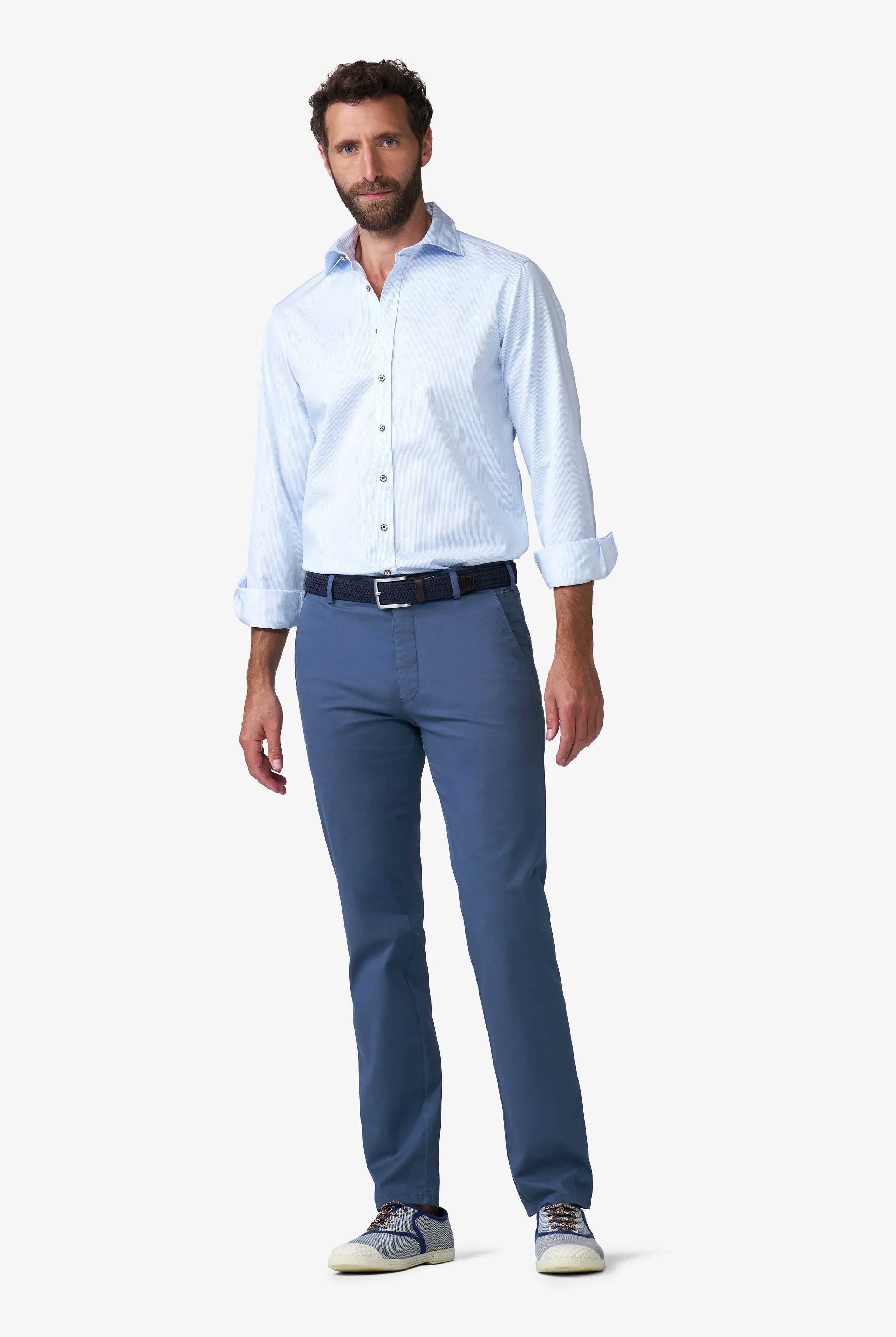 Meyer Oslo Stretch Waist Micro Print Trousers - Mid Blue