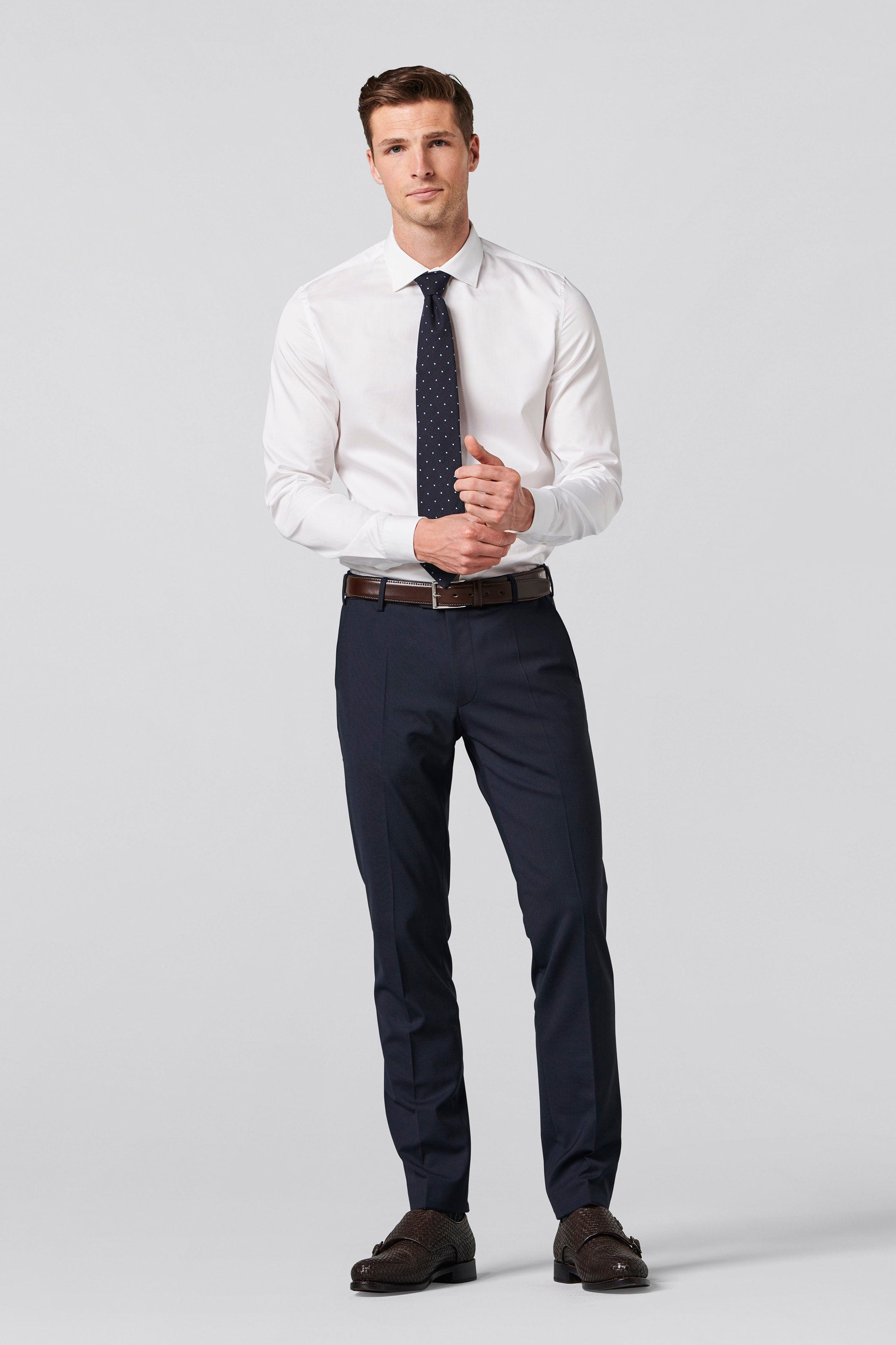 Meyer Oslo Wool Blend Stretch Waist Formal Trousers - Navy