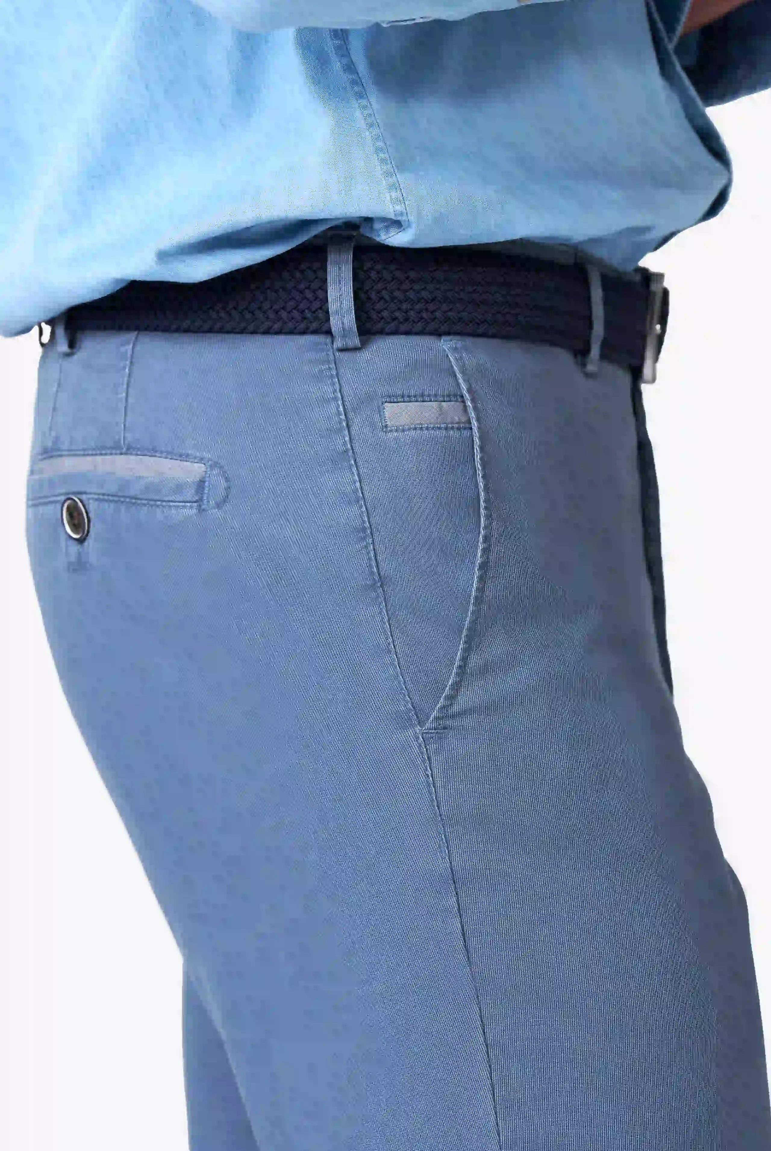 Meyer Roma Stretch Fine Texture Chino Trousers - Mid Blue