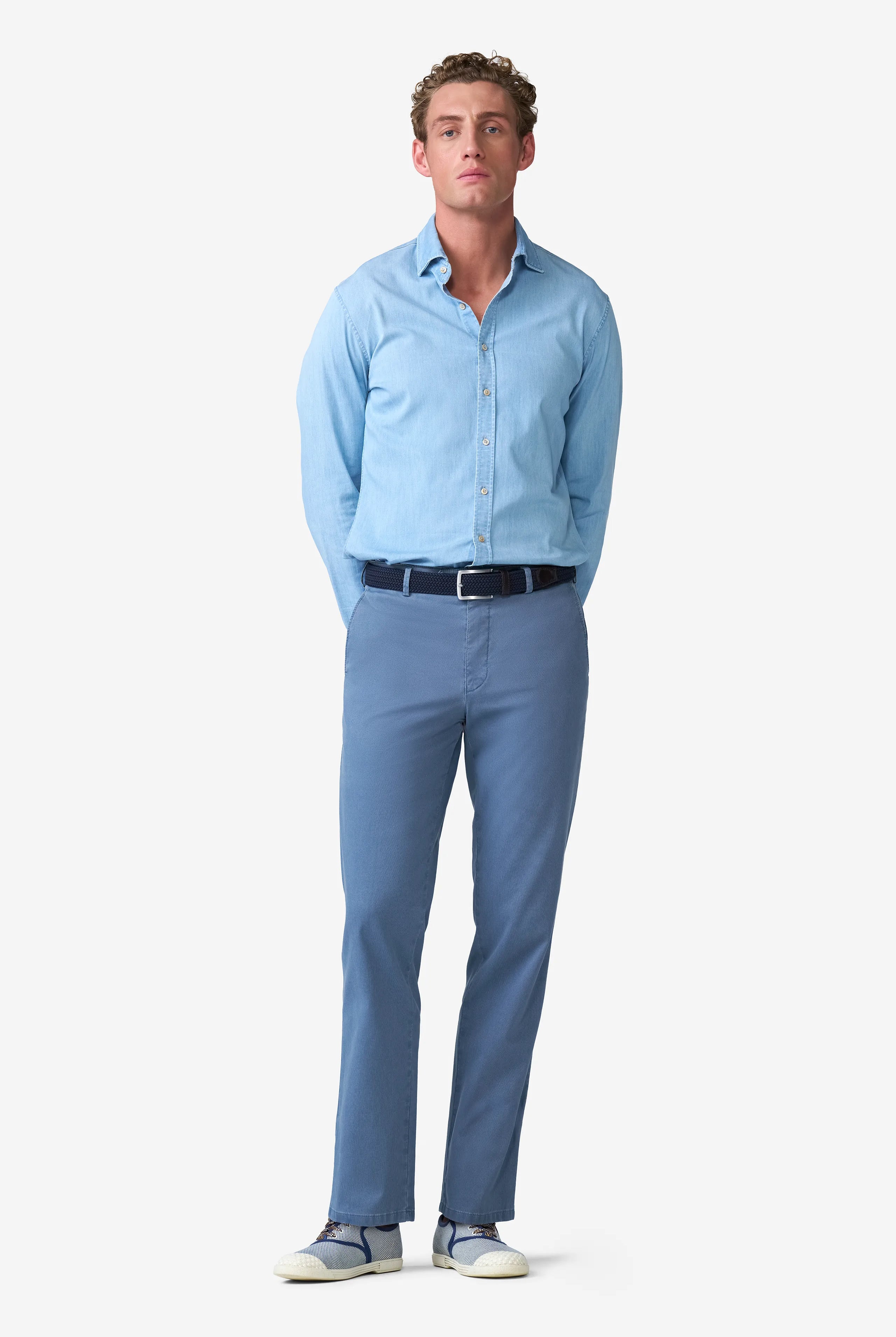 Meyer Roma Stretch Fine Texture Chino Trousers - Mid Blue