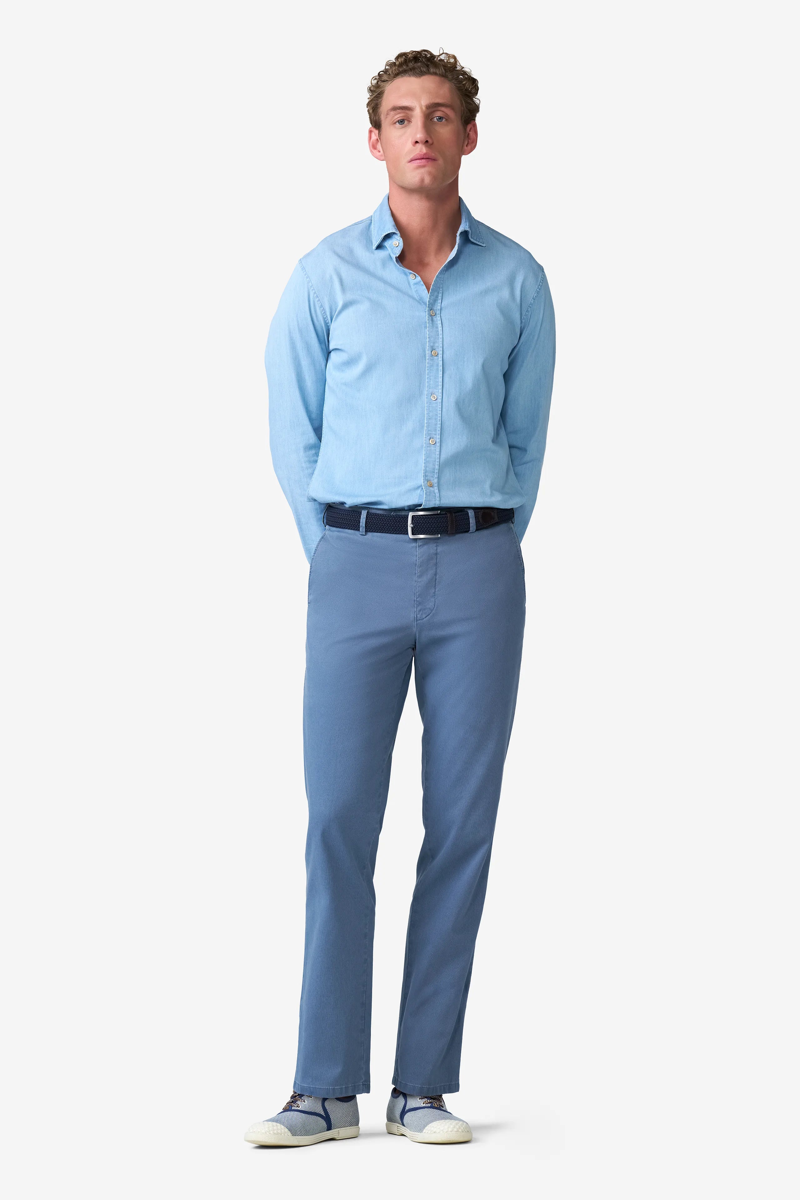 Meyer Roma Stretch Fine Texture Chino Trousers - Mid Blue
