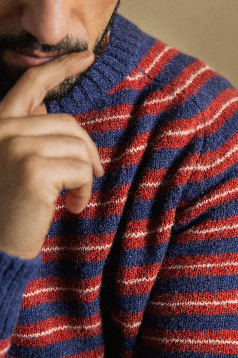 Mos Mosh Carlos Stripe Crew Neck Knit - Indigo Blue Melange