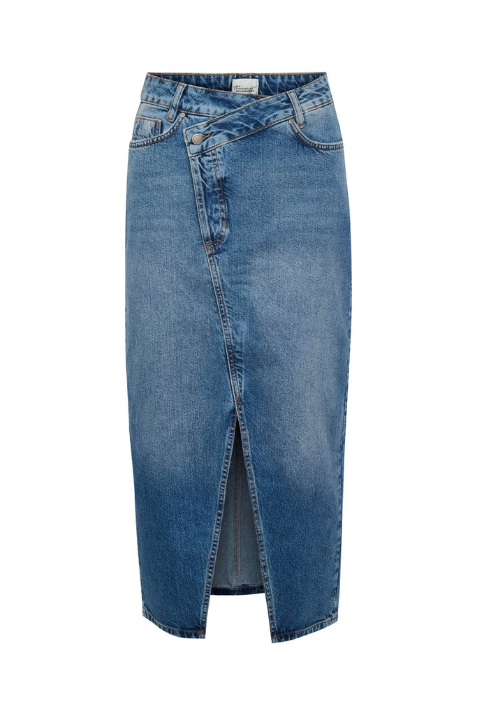 My Essential Wardrobe Louis Denim Wrap Style Midi Skirt - Medium Blue Retro Wash