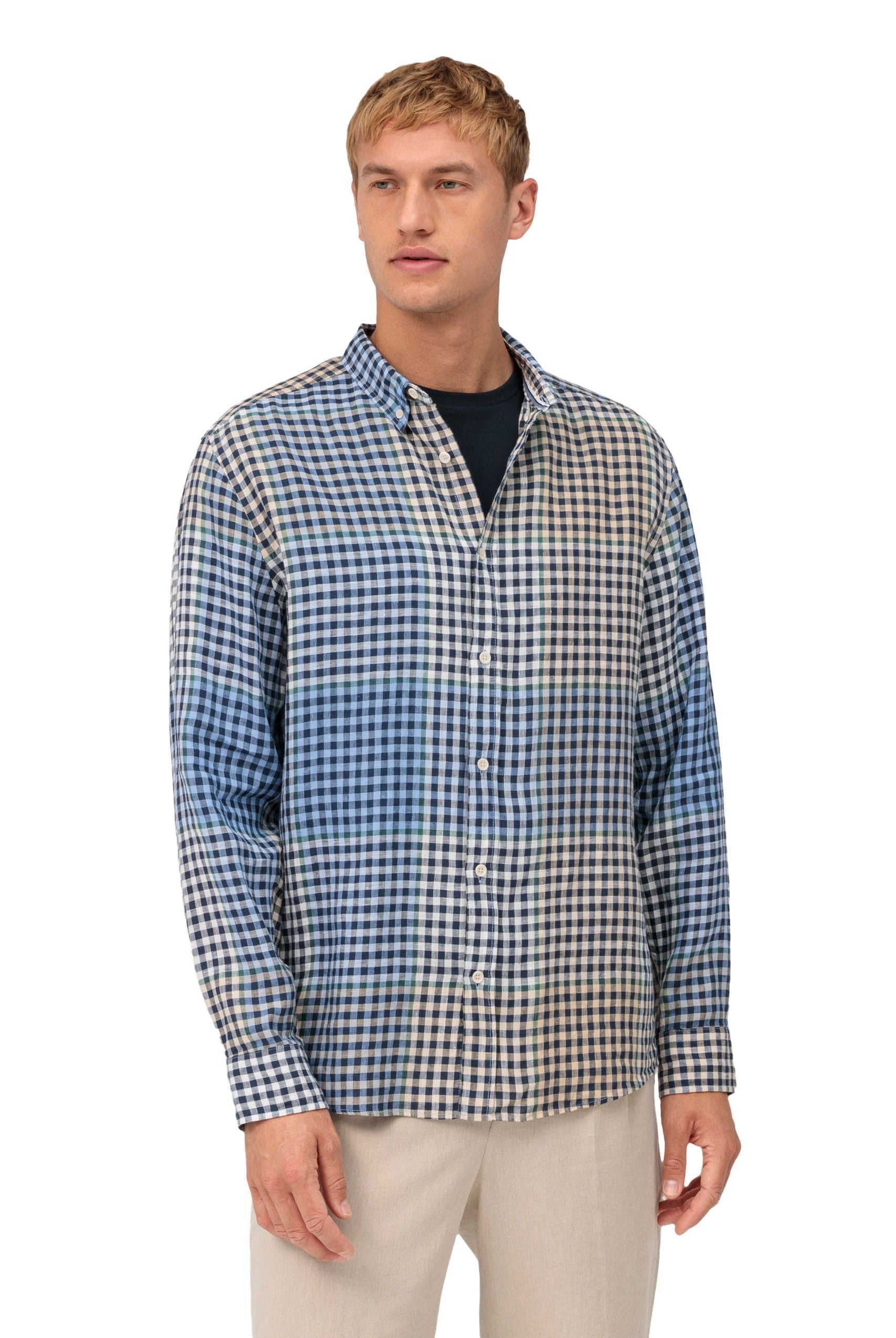 Olymp Casual Regular Fit Linen Check Shirt - Navy/Gold