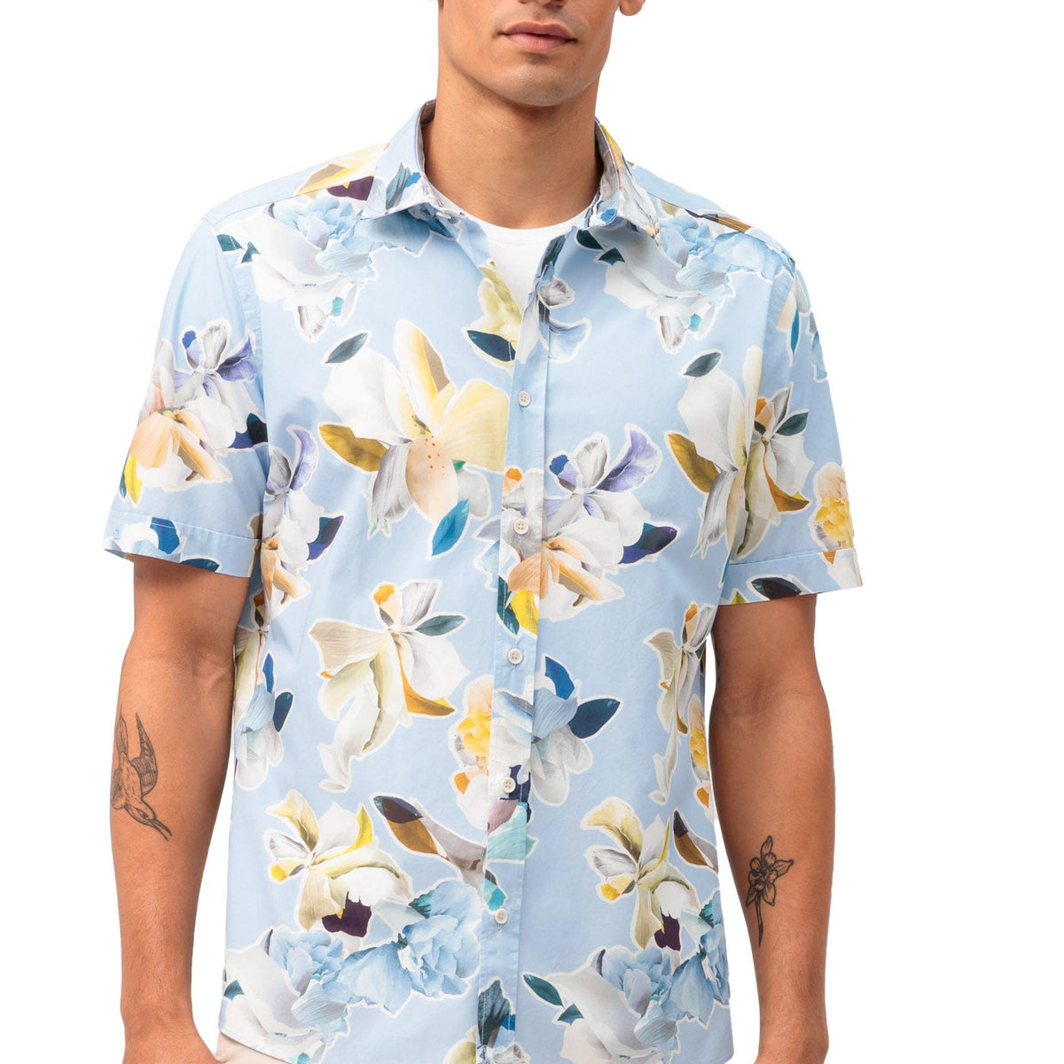 Men's Blue Floral Slim Fit Short Sleeves Shirt