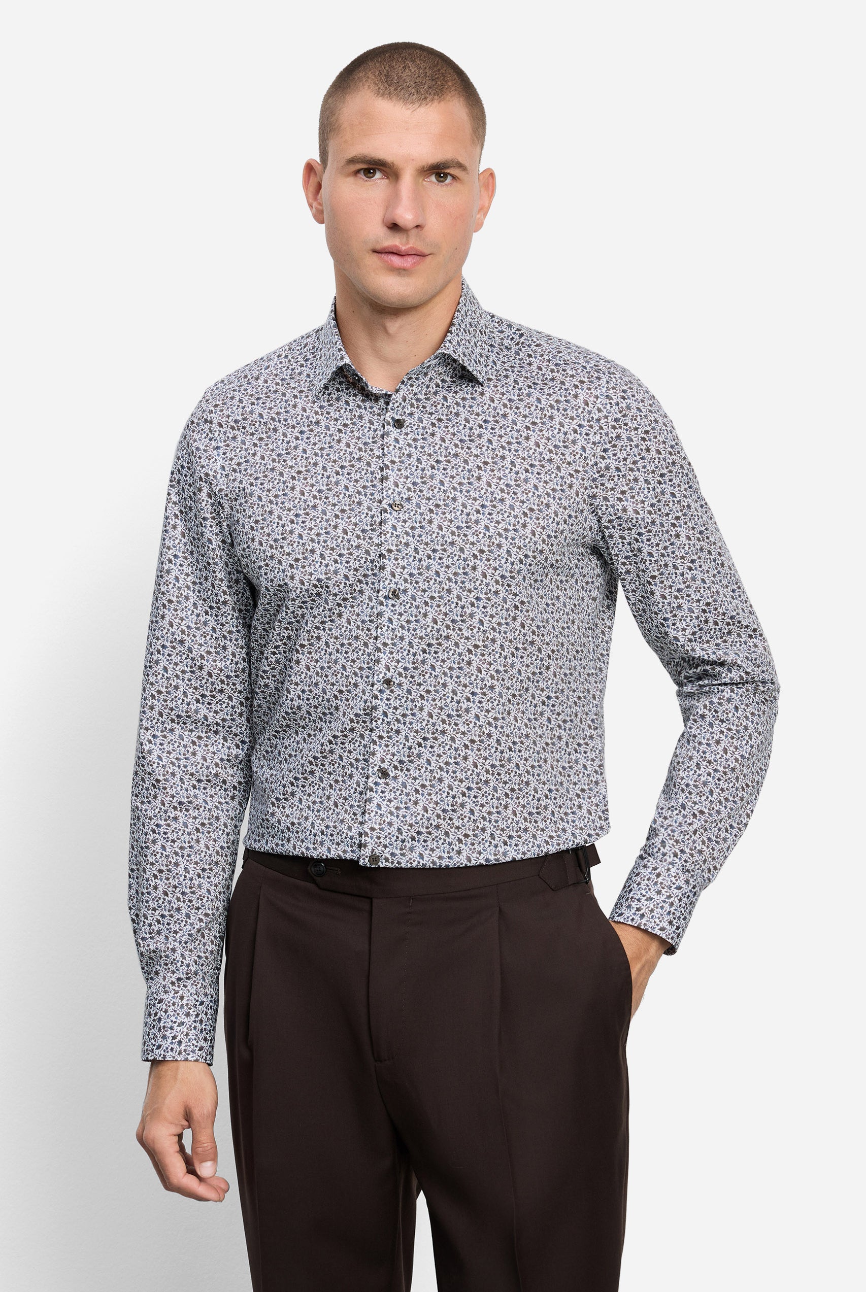 Olymp Level 5 Body Fit Cotton Stretch Neat Floral Shirt - White/Multi