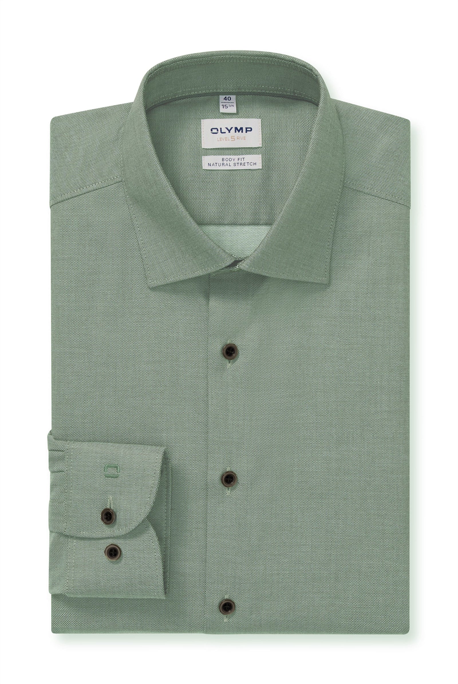 Olymp Level 5 Body Fit Plain Natural Stretch Long Sleeve Shirt - Green