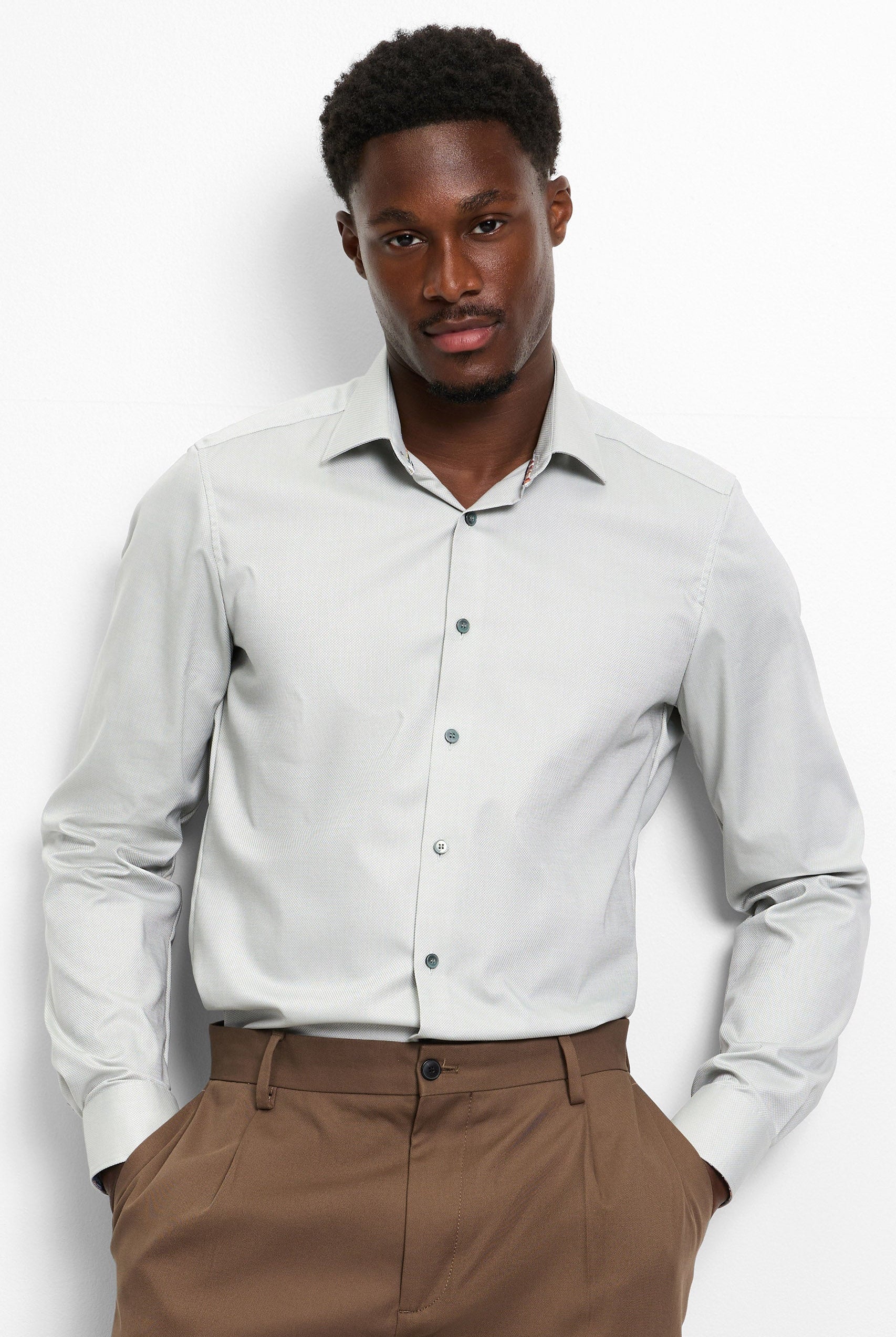 Olymp Level 5 Body Fit Plain Shirt with Trim - Putty