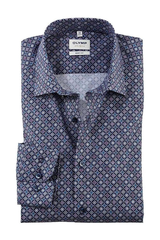 Olymp Level 5 Body Fit Tile Print Long Sleeve Shirt - Marine
