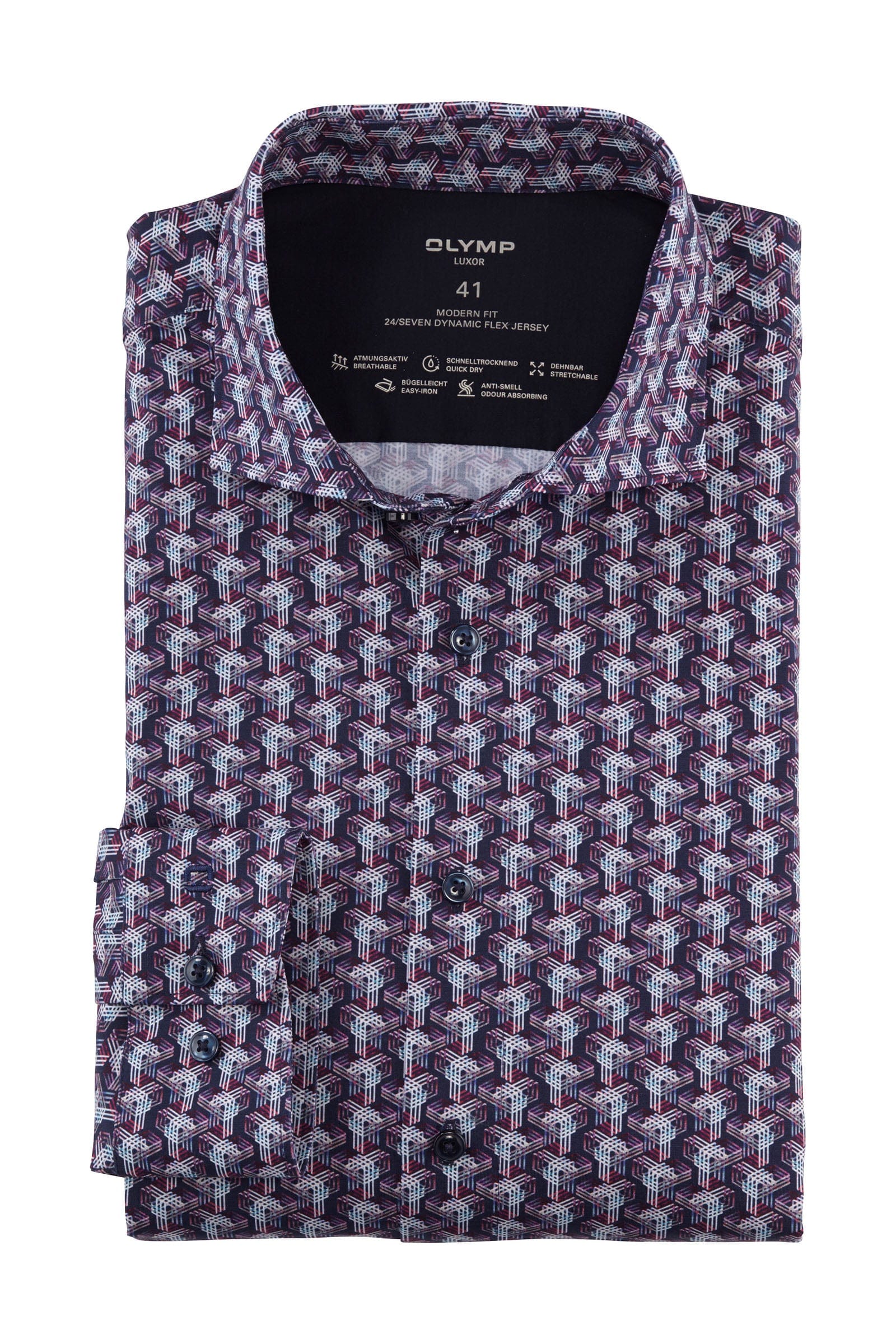 Olymp Luxor 24/7 Modern Fit Flex Jersey Geo Print Shirt - Marine
