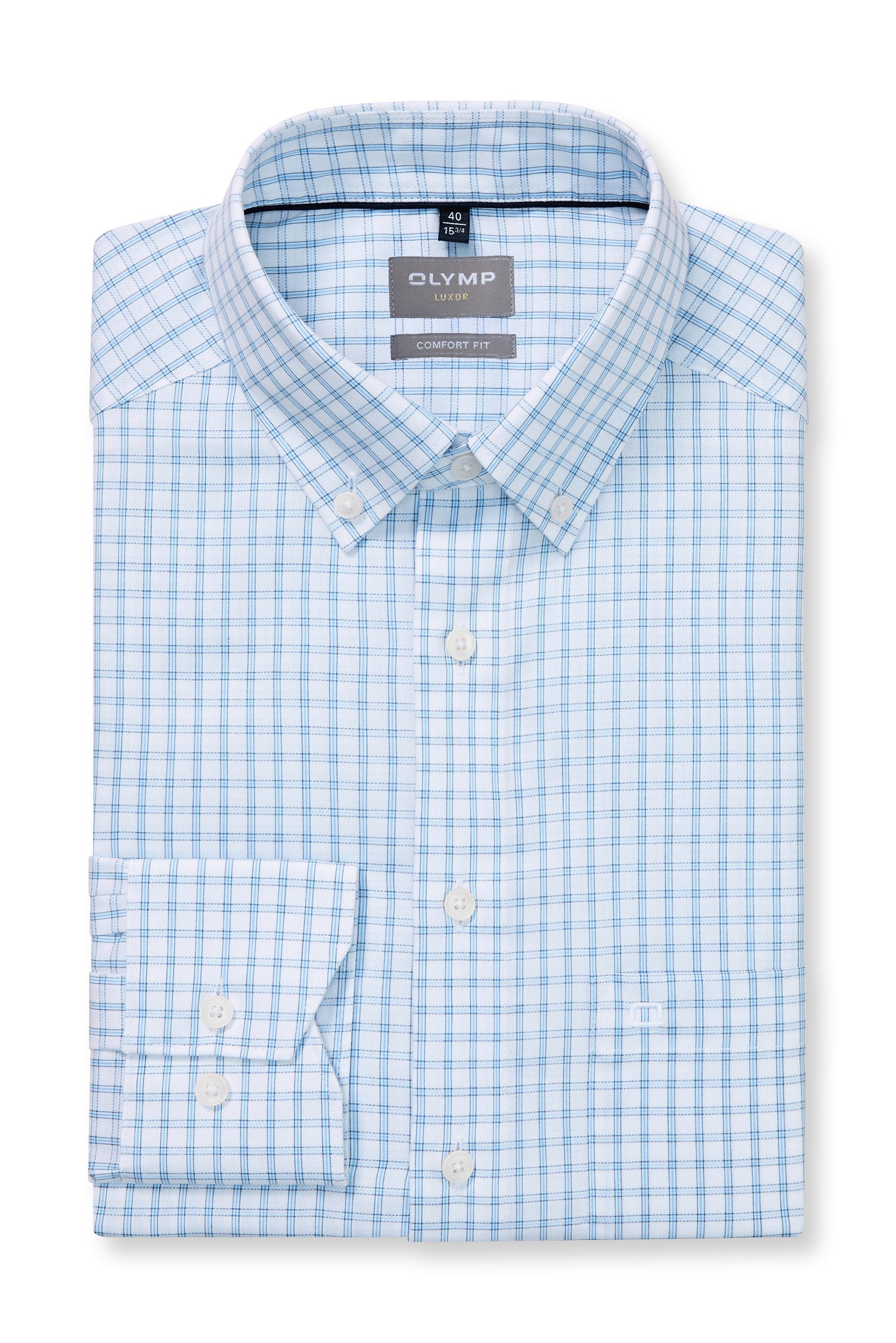 Olymp Luxor Comfort Fit Check Button Down Collar Shirt - White/Blue