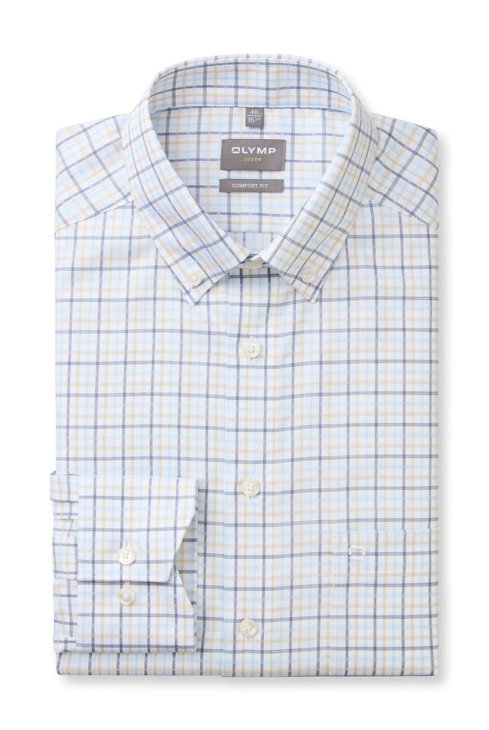 Olymp Luxor Comfort Fit Check Shirt with Button-Down Collar - Blue
