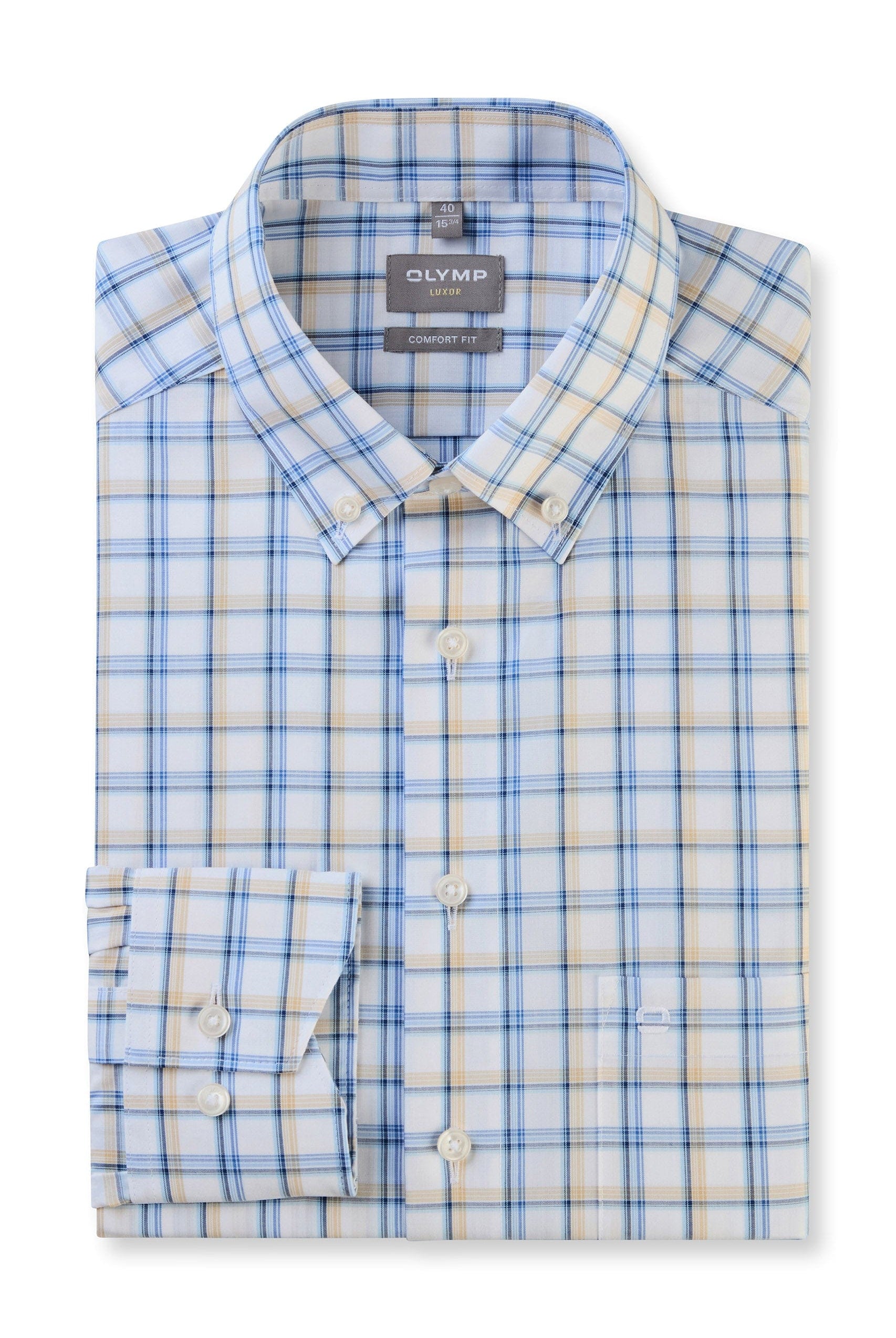Olymp Luxor Comfort Fit Check Shirt with Button-Down Collar - Blue/Beige