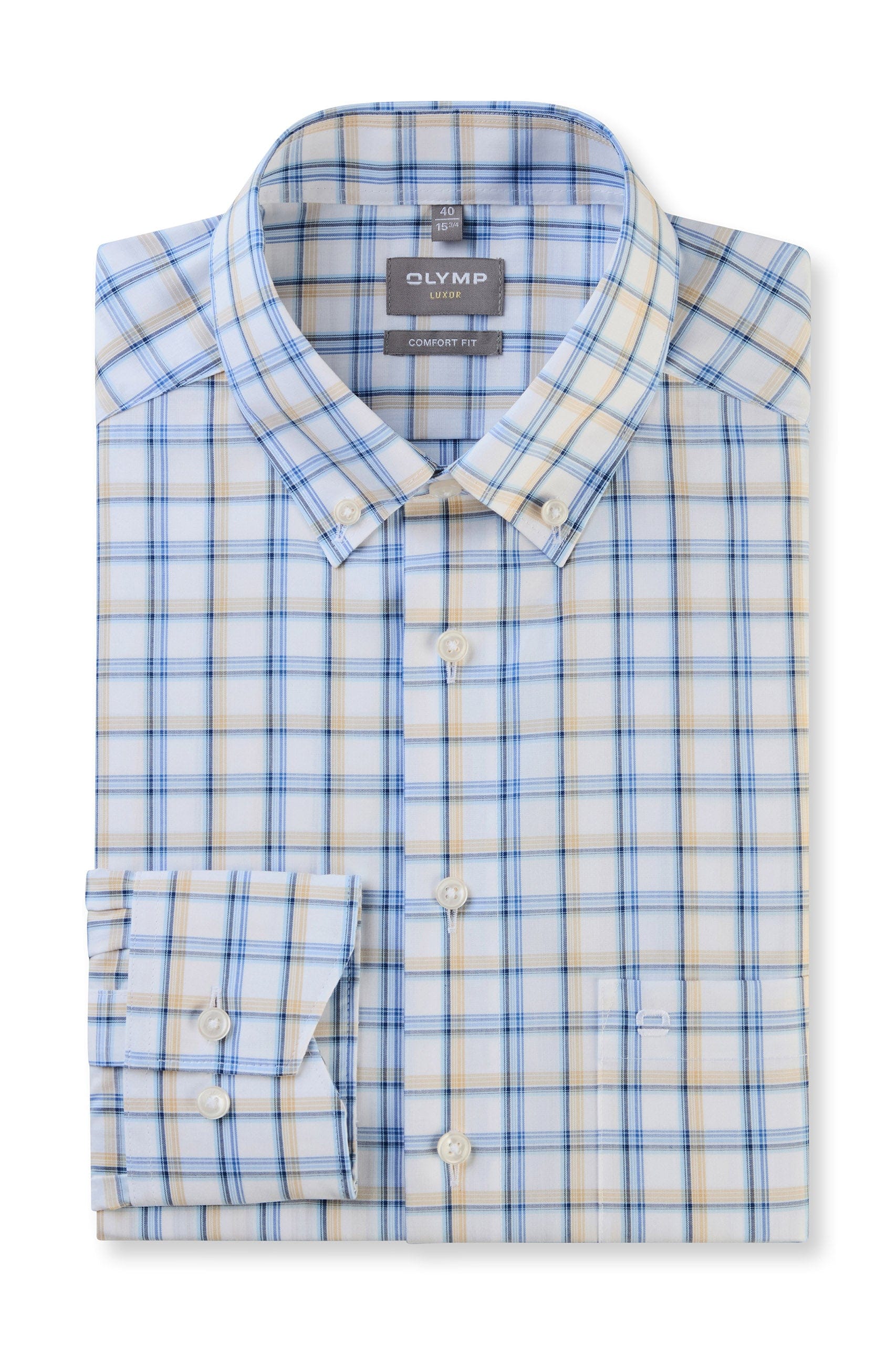 Olymp Luxor Comfort Fit Check Shirt with Button-Down Collar - Blue/Beige
