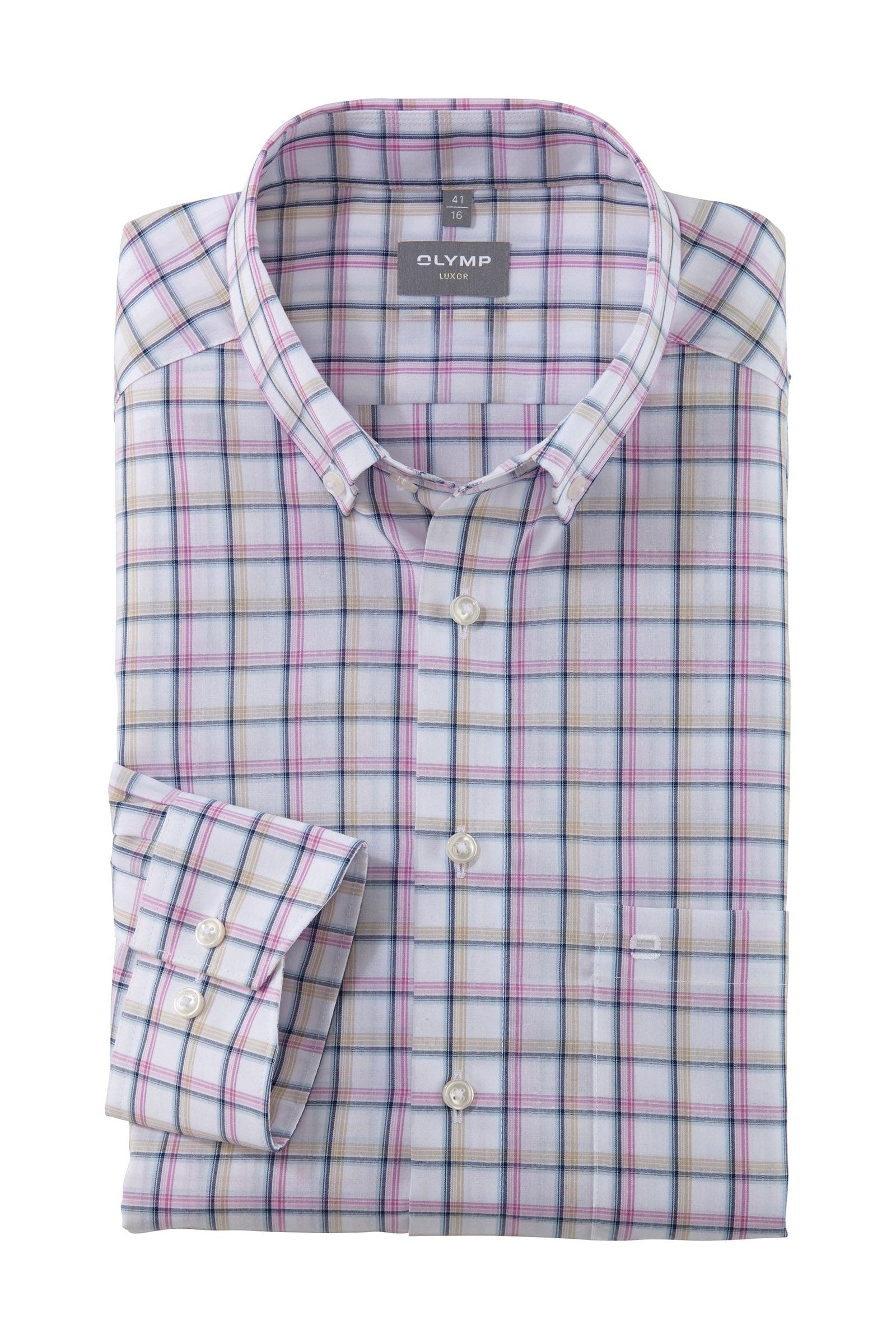 Olymp Luxor Comfort Fit Check Shirt with Button-Down Collar - Pink/Beige