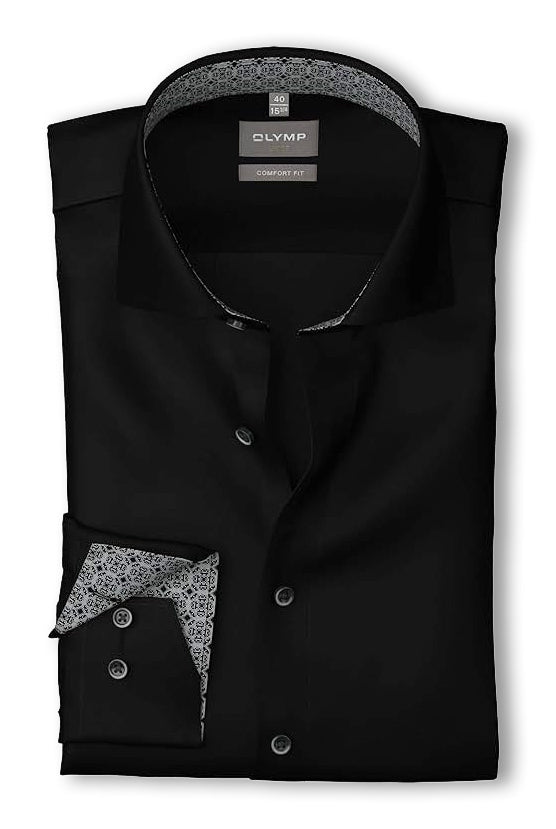 Olymp Luxor Comfort Fit Plain Satin No Pocket Shirt - Black