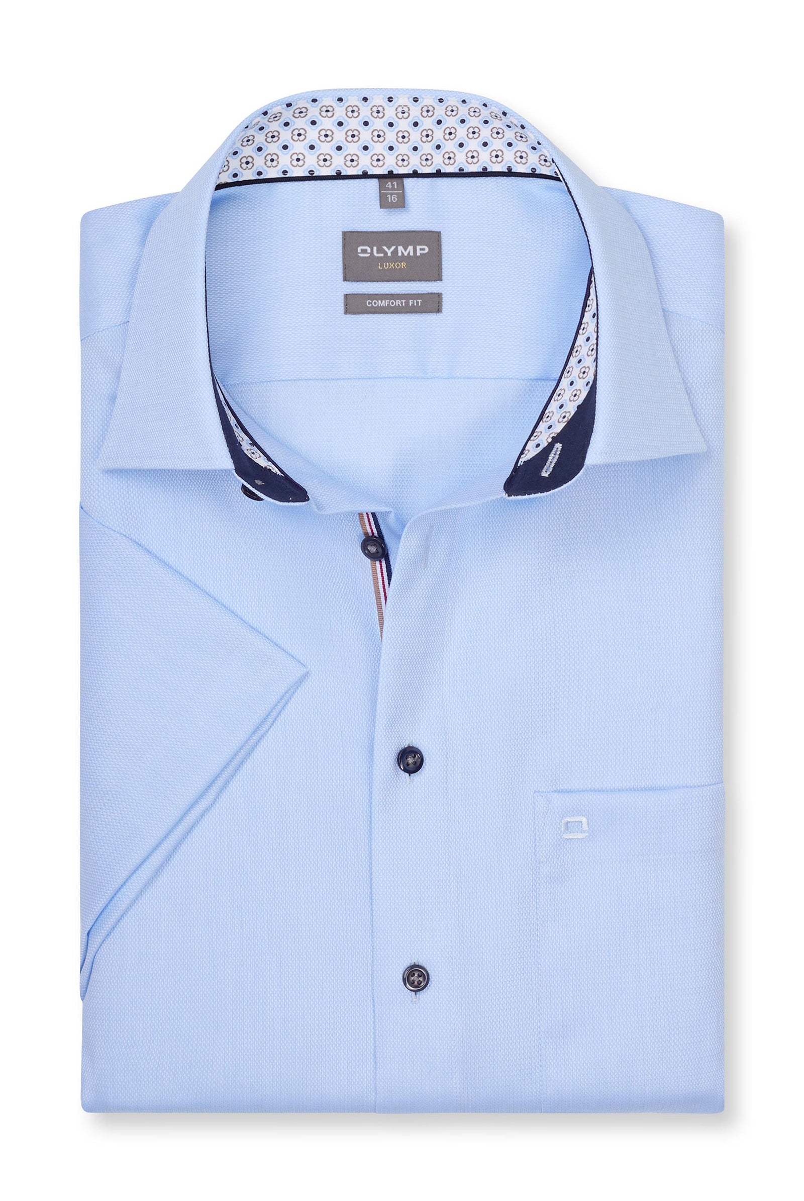 Olymp Luxor Comfort Fit Short Sleeve Shirt with Geo Trim - Light Blue