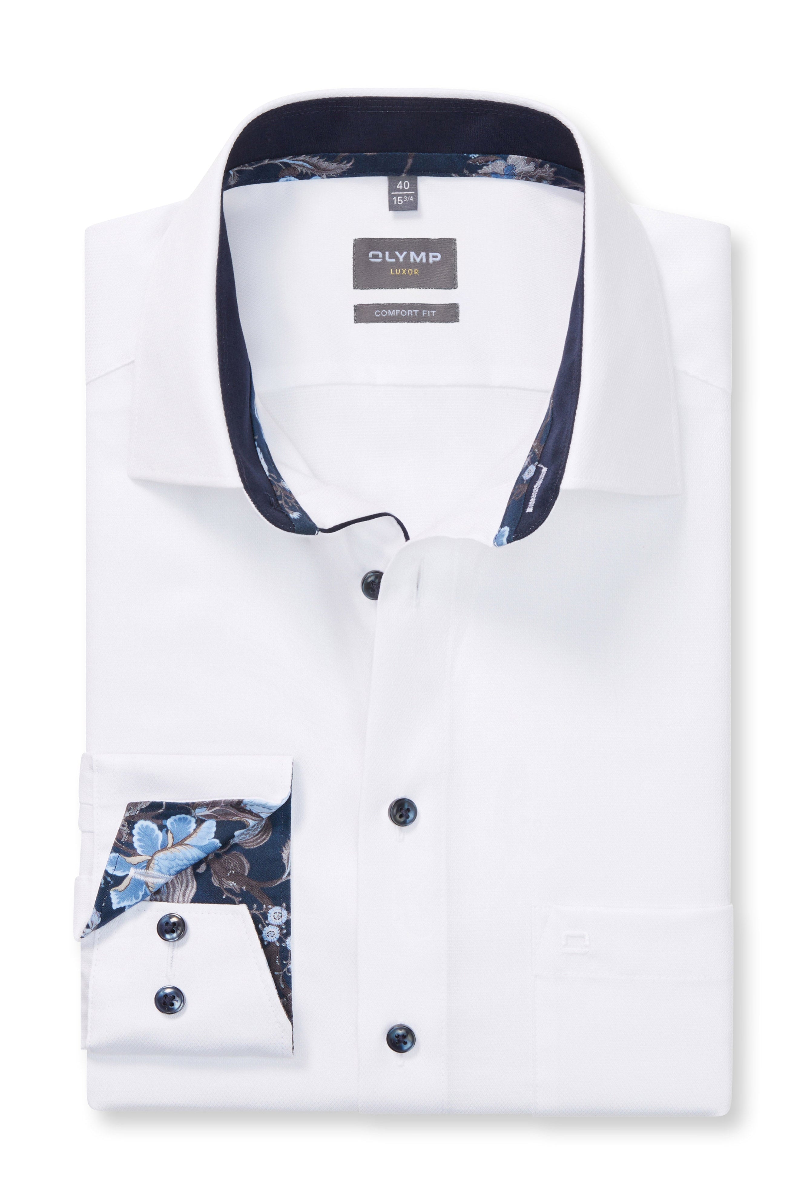 Olymp Luxor Comfort Fit Twill Long Sleeve Shirt with Trim - White